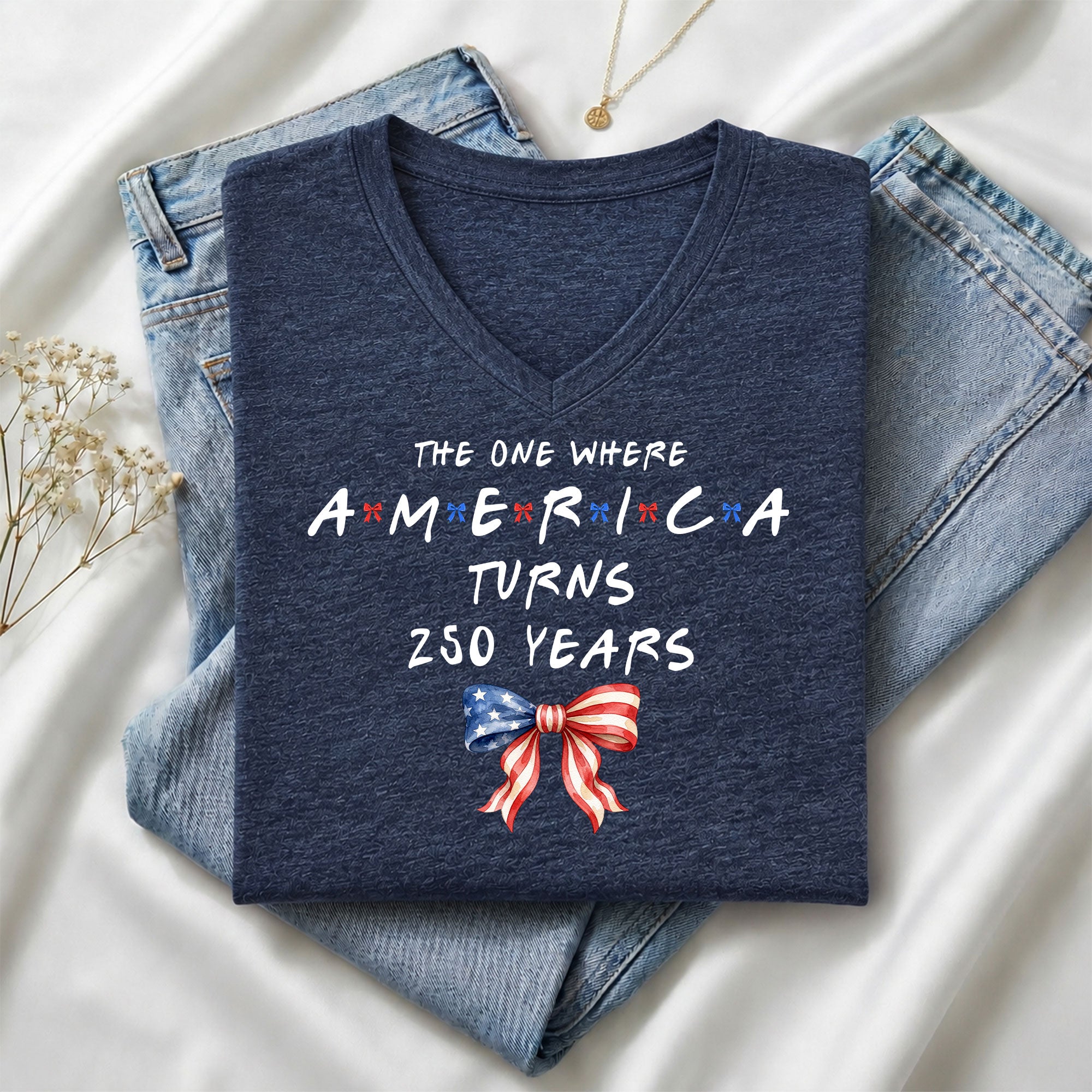 Women V Neck T Shirt America Turns 250 Years Patriotic Coquette Flag Bow Graphic Tee