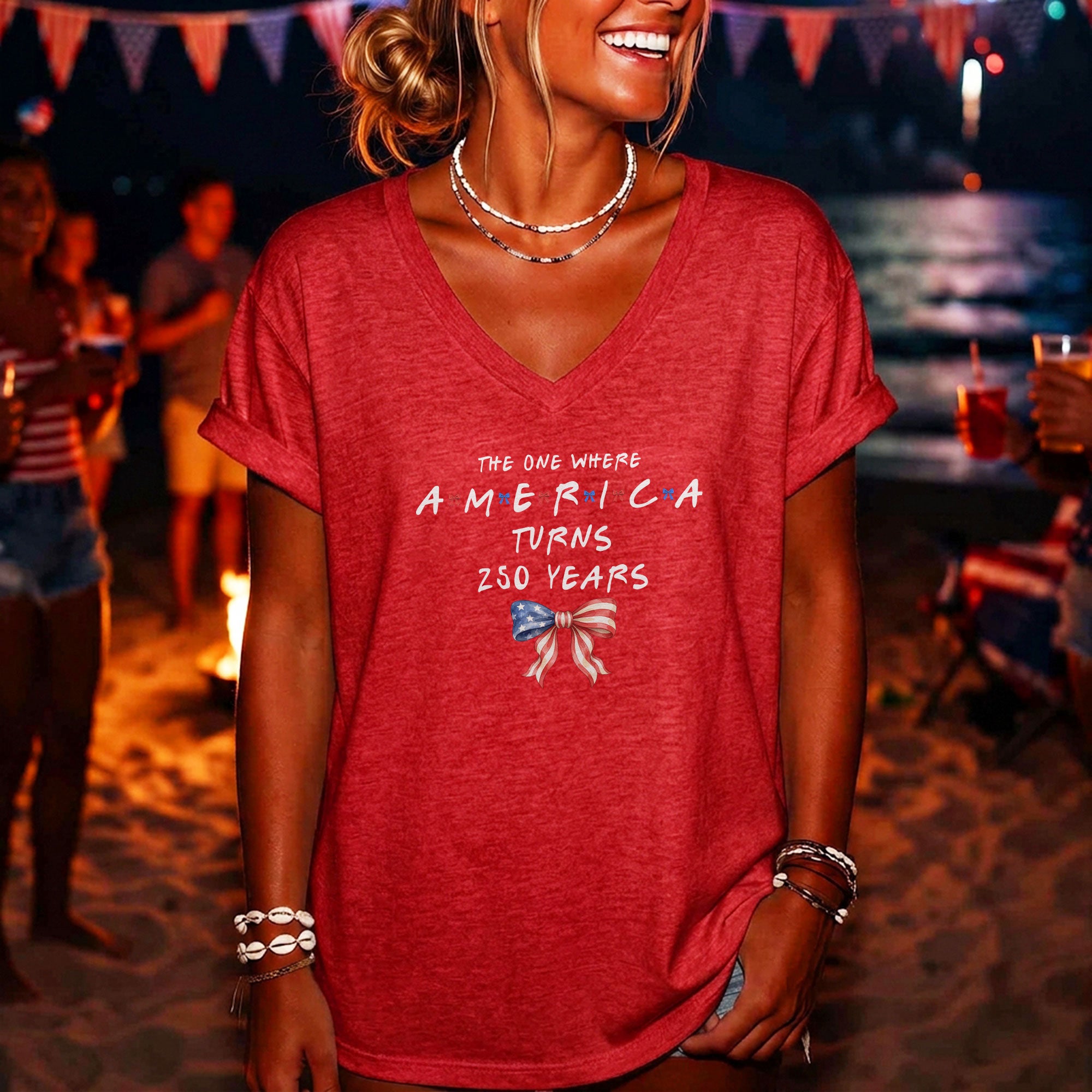 Women V Neck T Shirt America Turns 250 Years Patriotic Coquette Flag Bow Graphic Tee