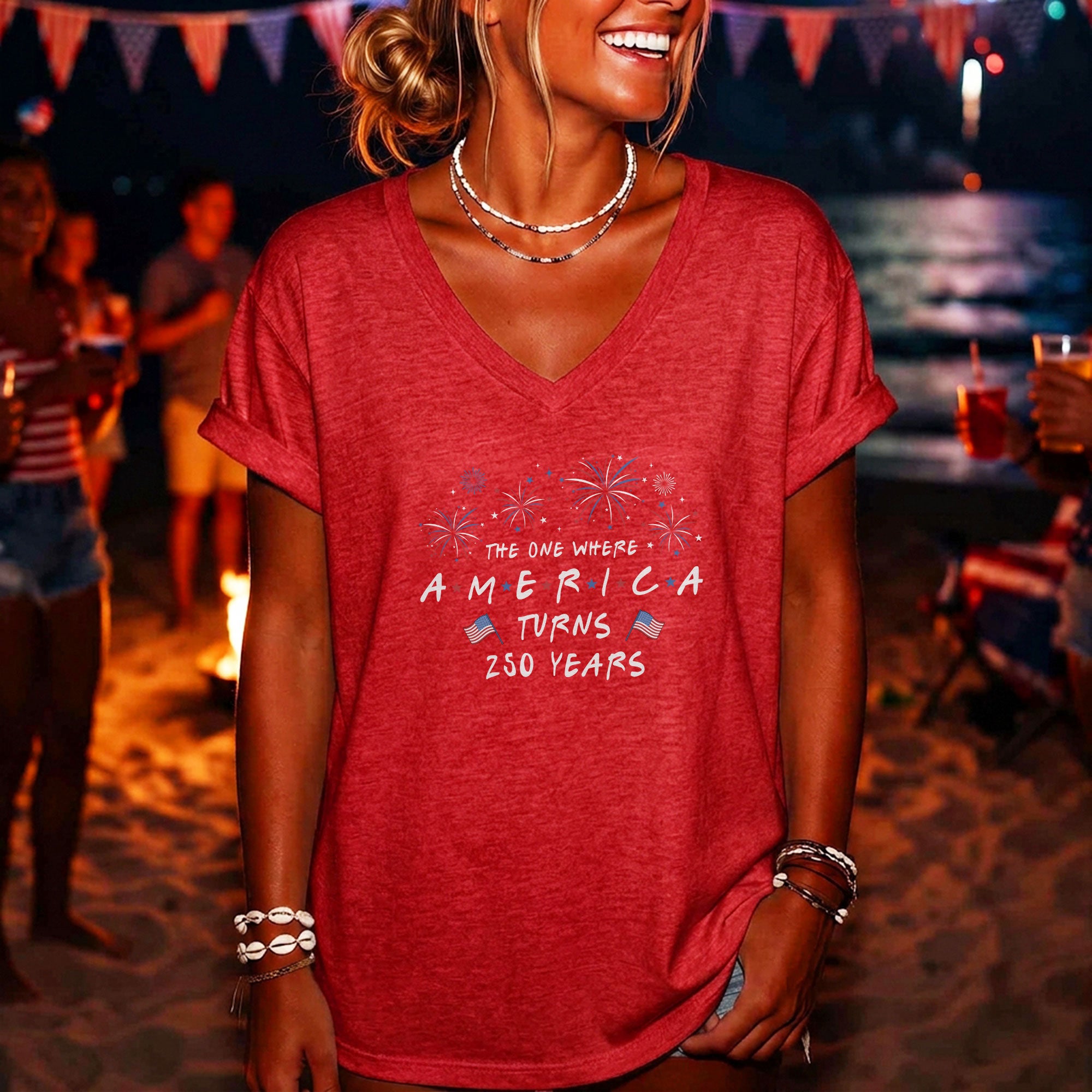 Women V Neck T Shirt America Turns 250 Years Patriotic Fireworks Friends Font Tee