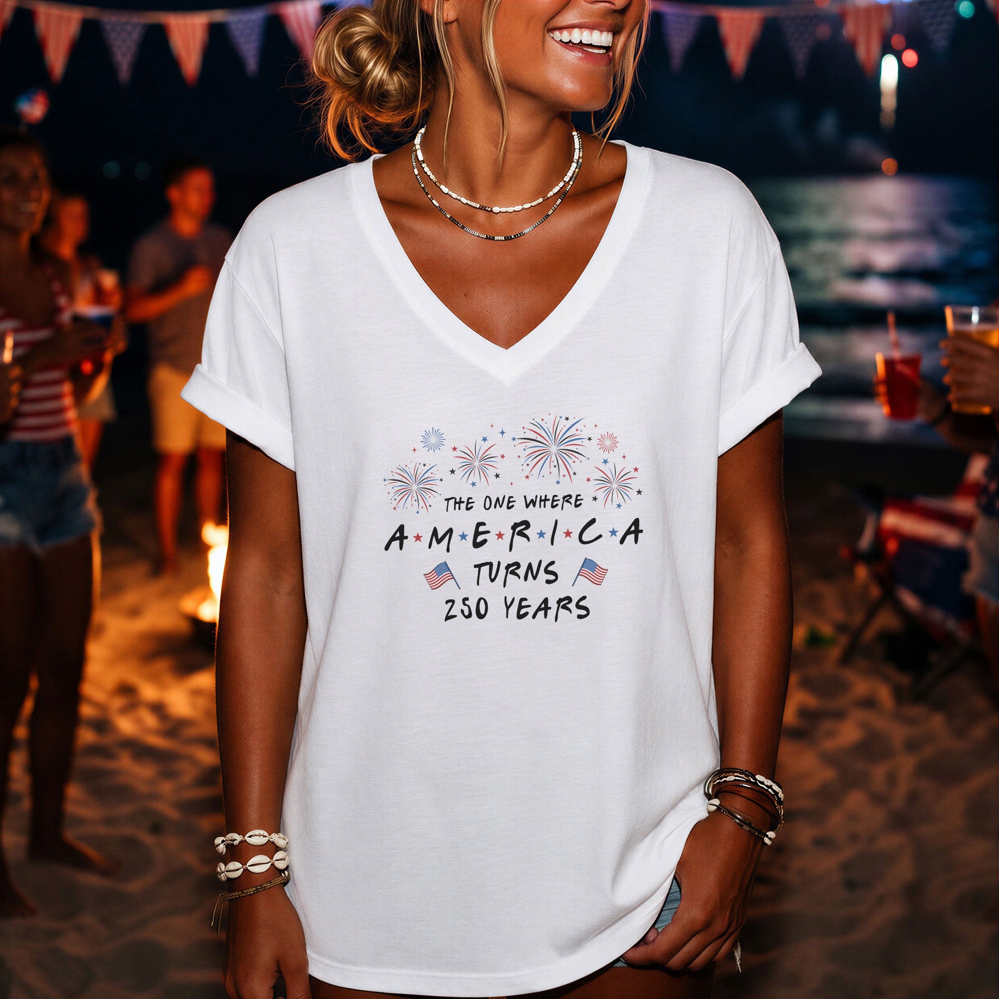Women V Neck T Shirt America Turns 250 Years Patriotic Fireworks White Graphic Tee