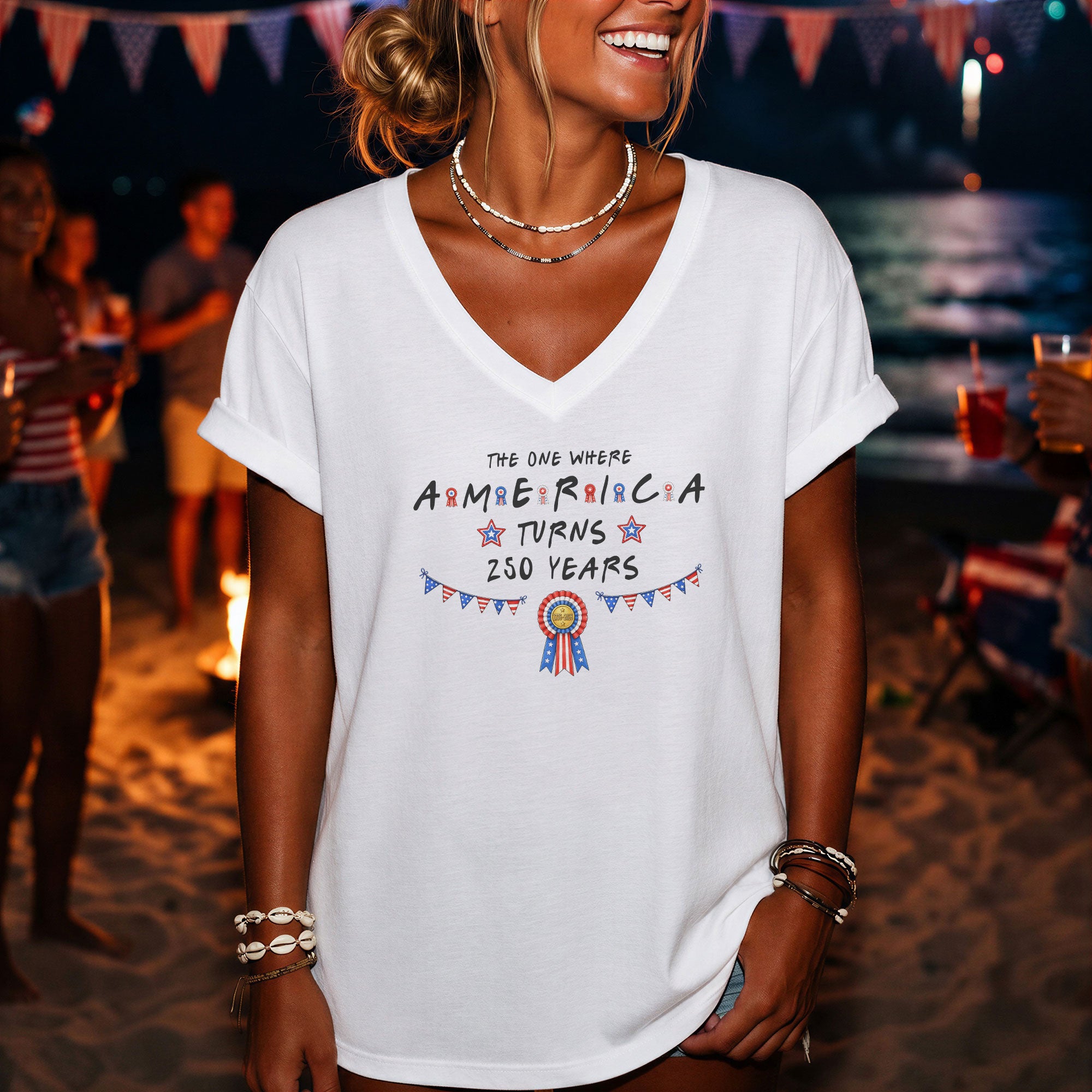 250 Years America Turns Friends Font Women V Neck T Shirt Patriotic Ribbon White Top