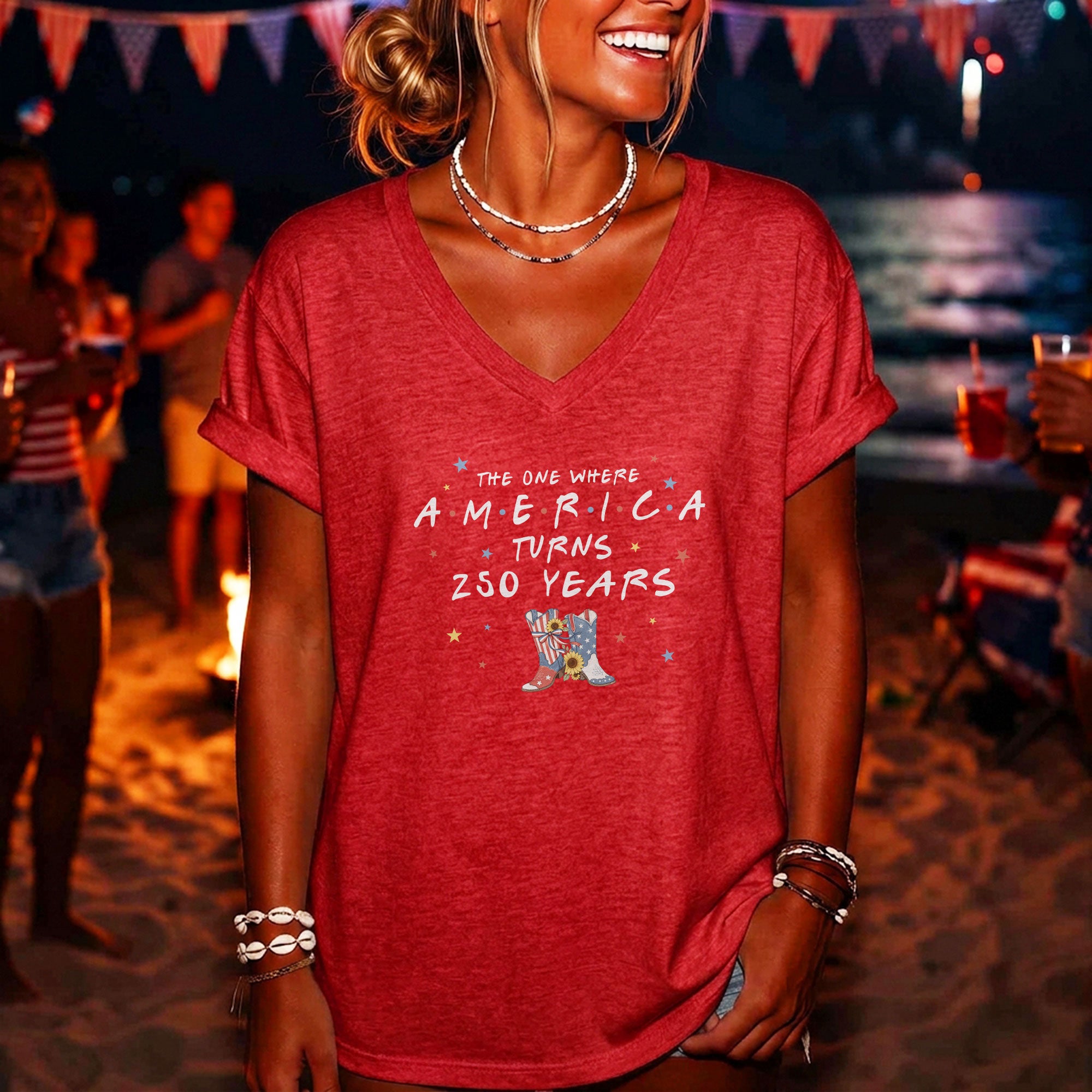 250 Years America Turns Friends Font Women V Neck T Shirt Patriotic Cowgirl Boots Top