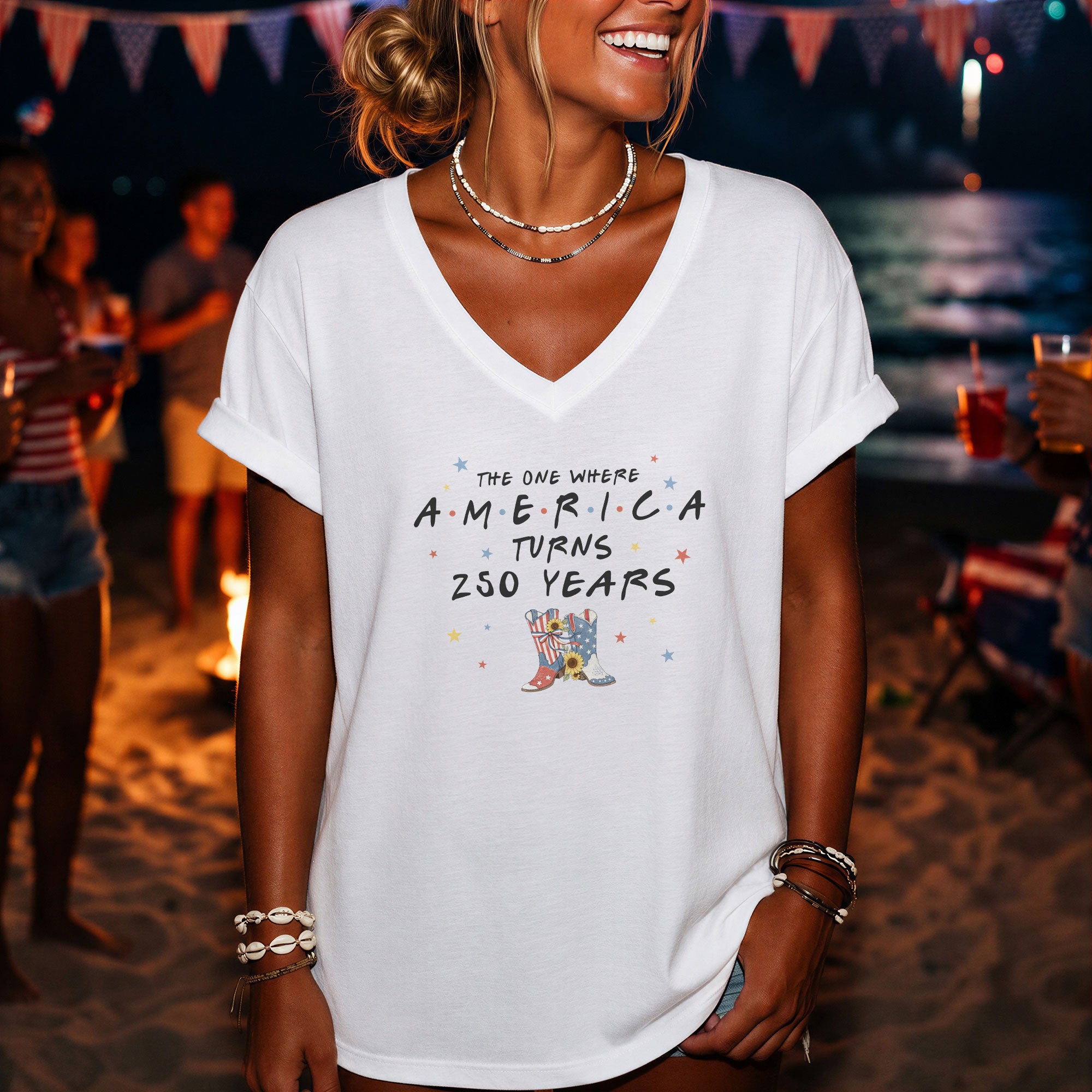250 Years America Turns Friends Font Women V Neck T Shirt Patriotic Cowgirl Boots White Top