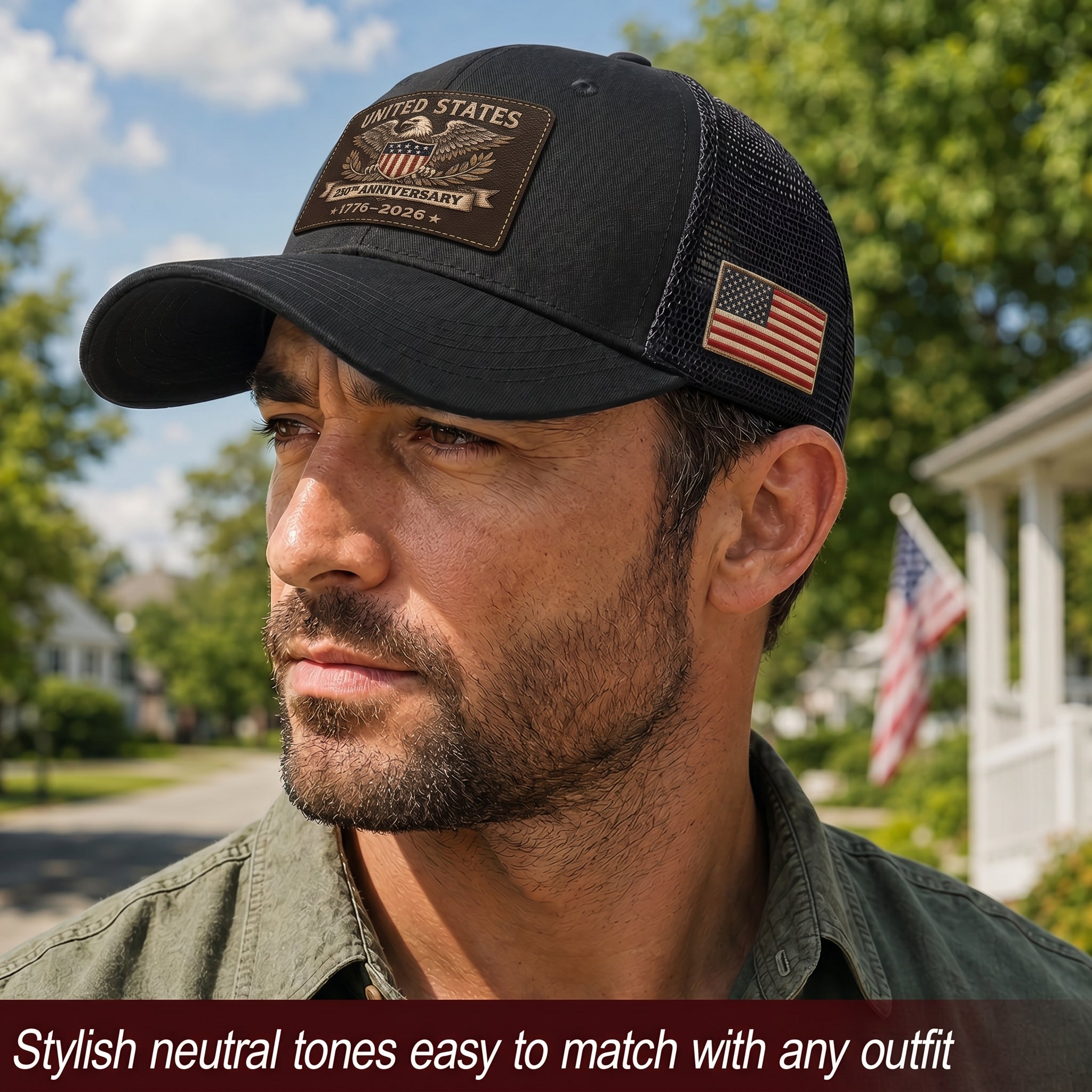 US 250th Anniversary Trucker Hat Vintage American Eagle Leather Patch Black Cap