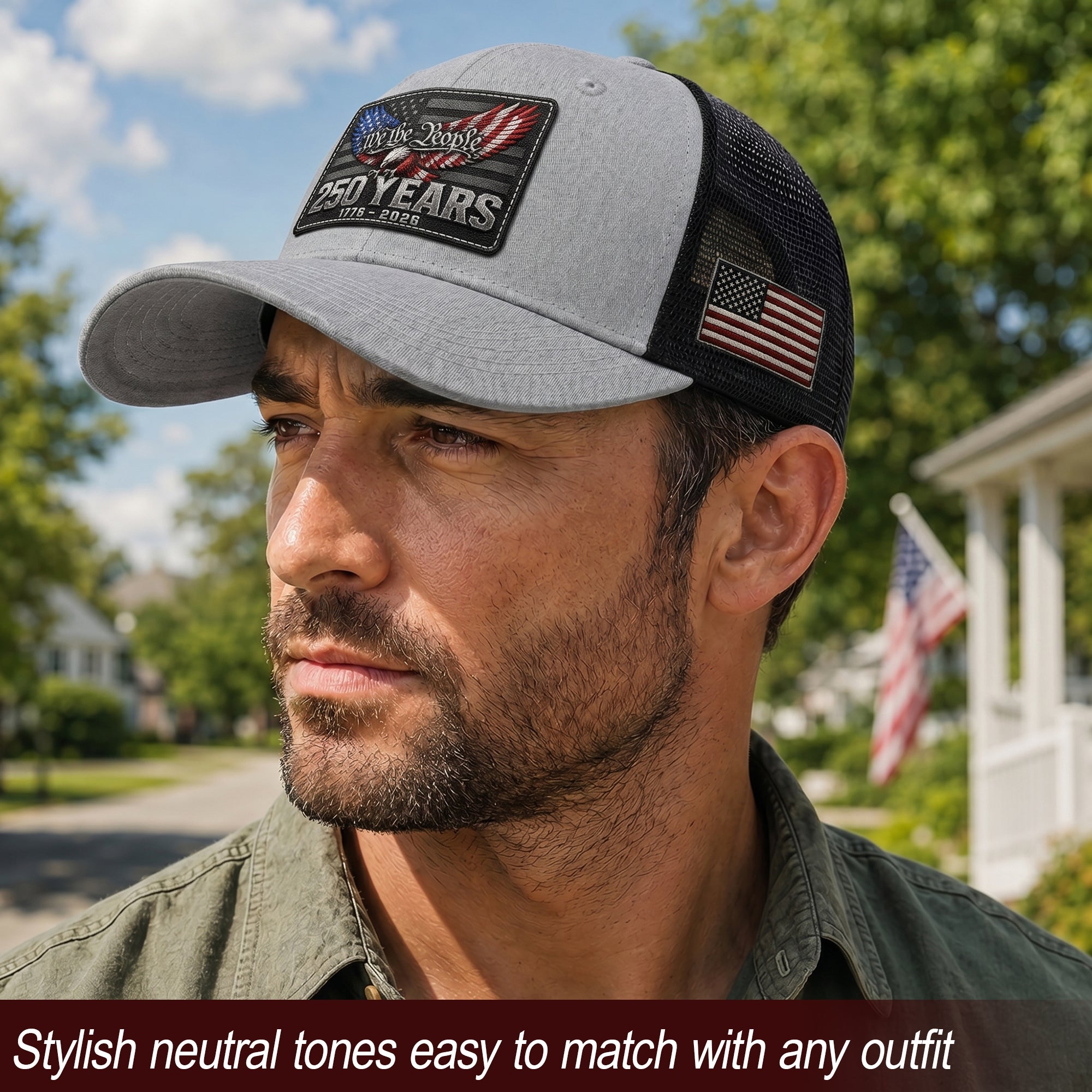 We The People 250 Years Hat - US Patriotic 1776-2026 American Flag Mesh Trucker Cap