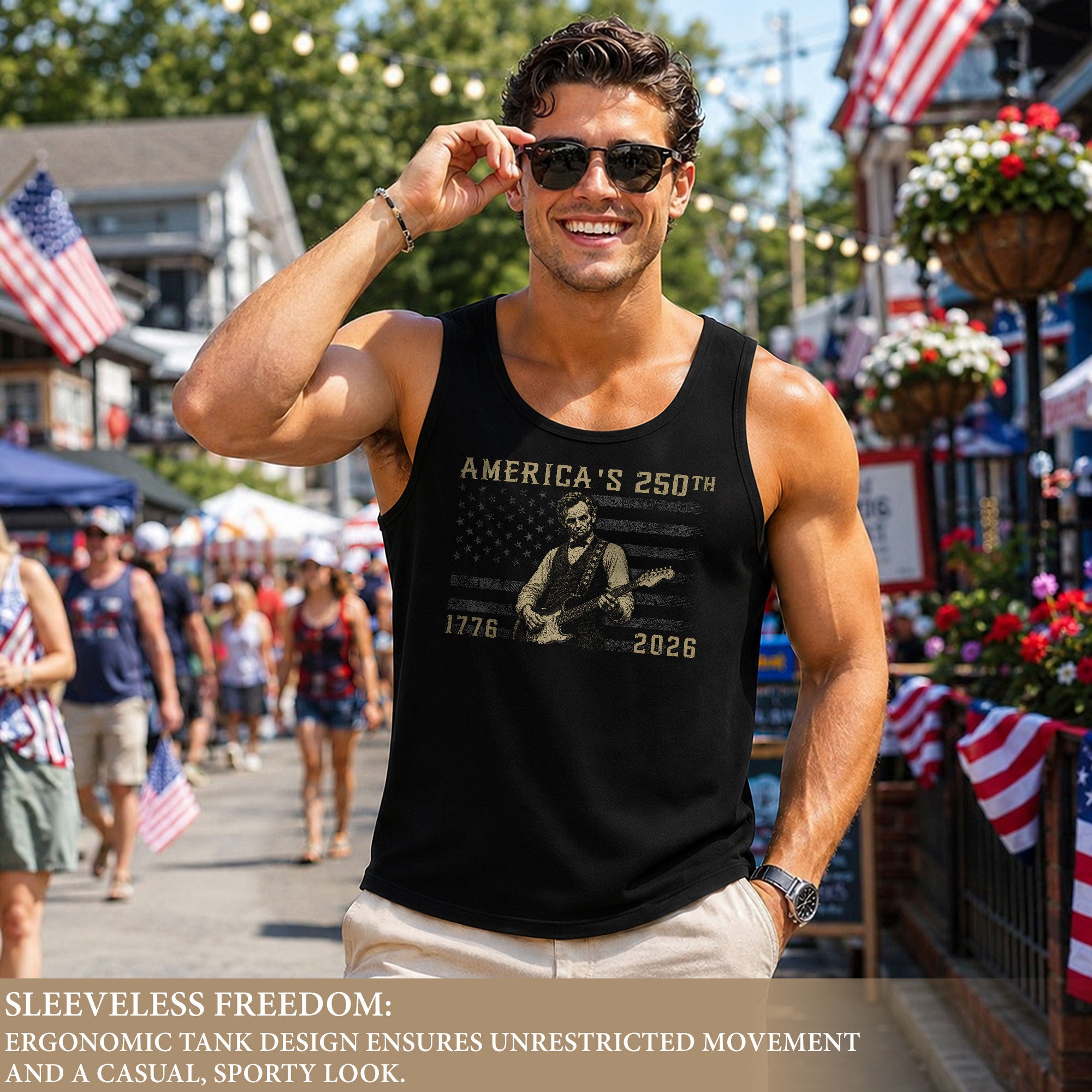 Blackout Flag Lincoln Guitar Tank Top 1776-2026 Patriotic Vintage Men Graphic Gym Shirt