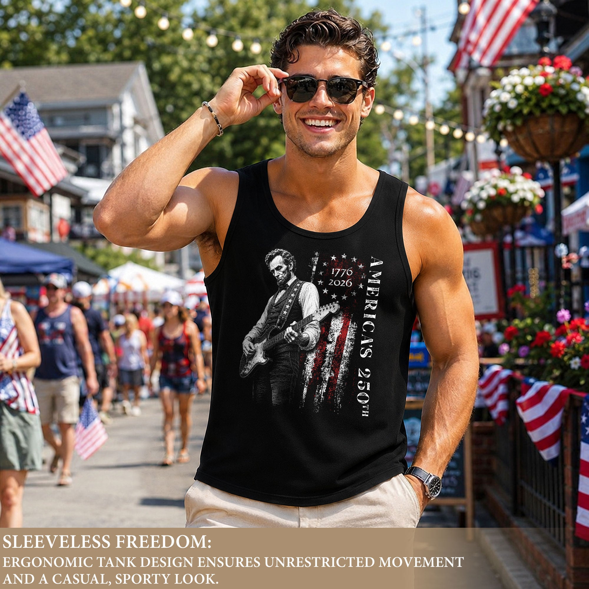 Vertical Flag Lincoln Guitar Tank Top 1776-2026 Patriotic Vintage Men Graphic Gym Shirt