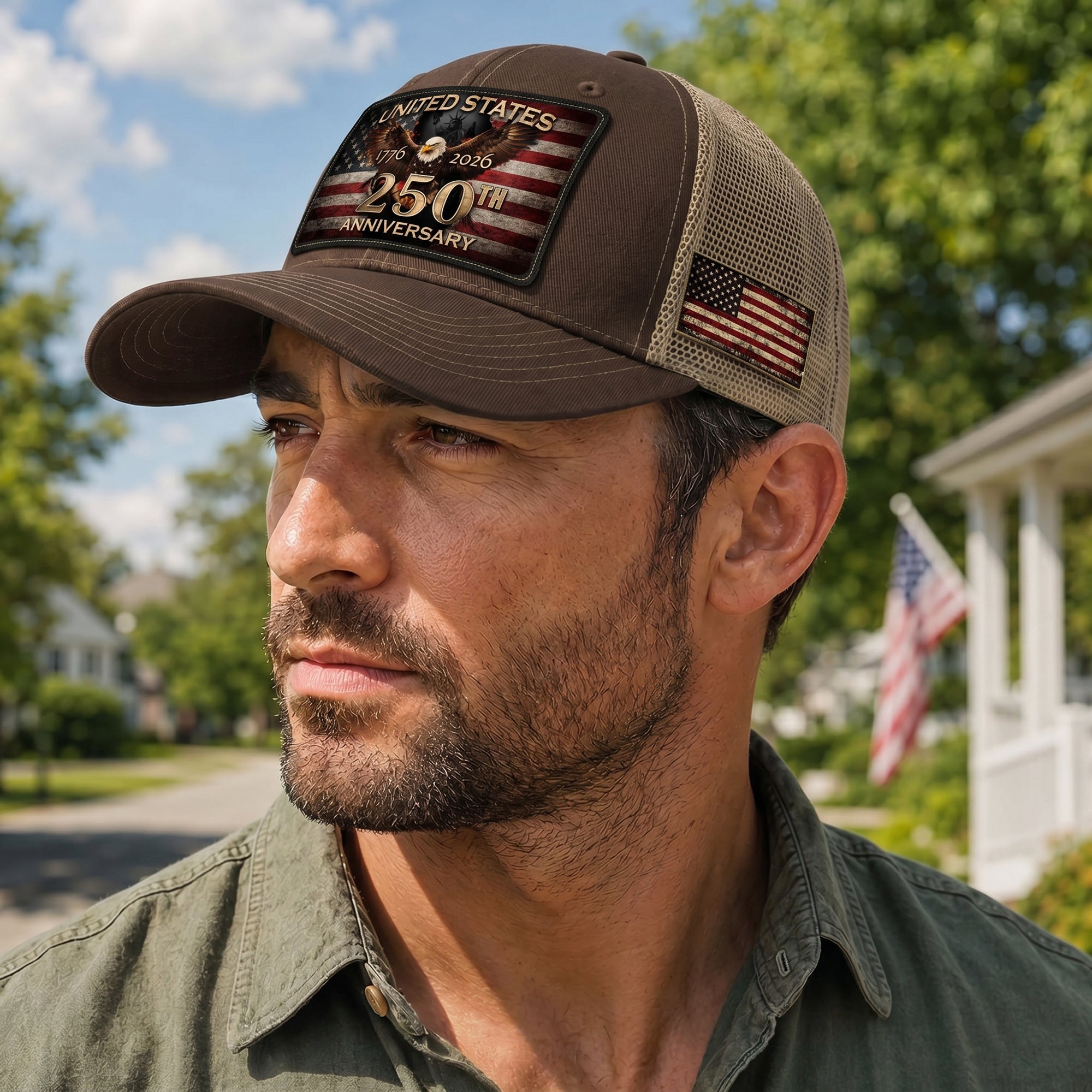 1776-2026 USA Commemorative Leather Patch Trucker Hat Majestic Eagle Mesh Back Cap
