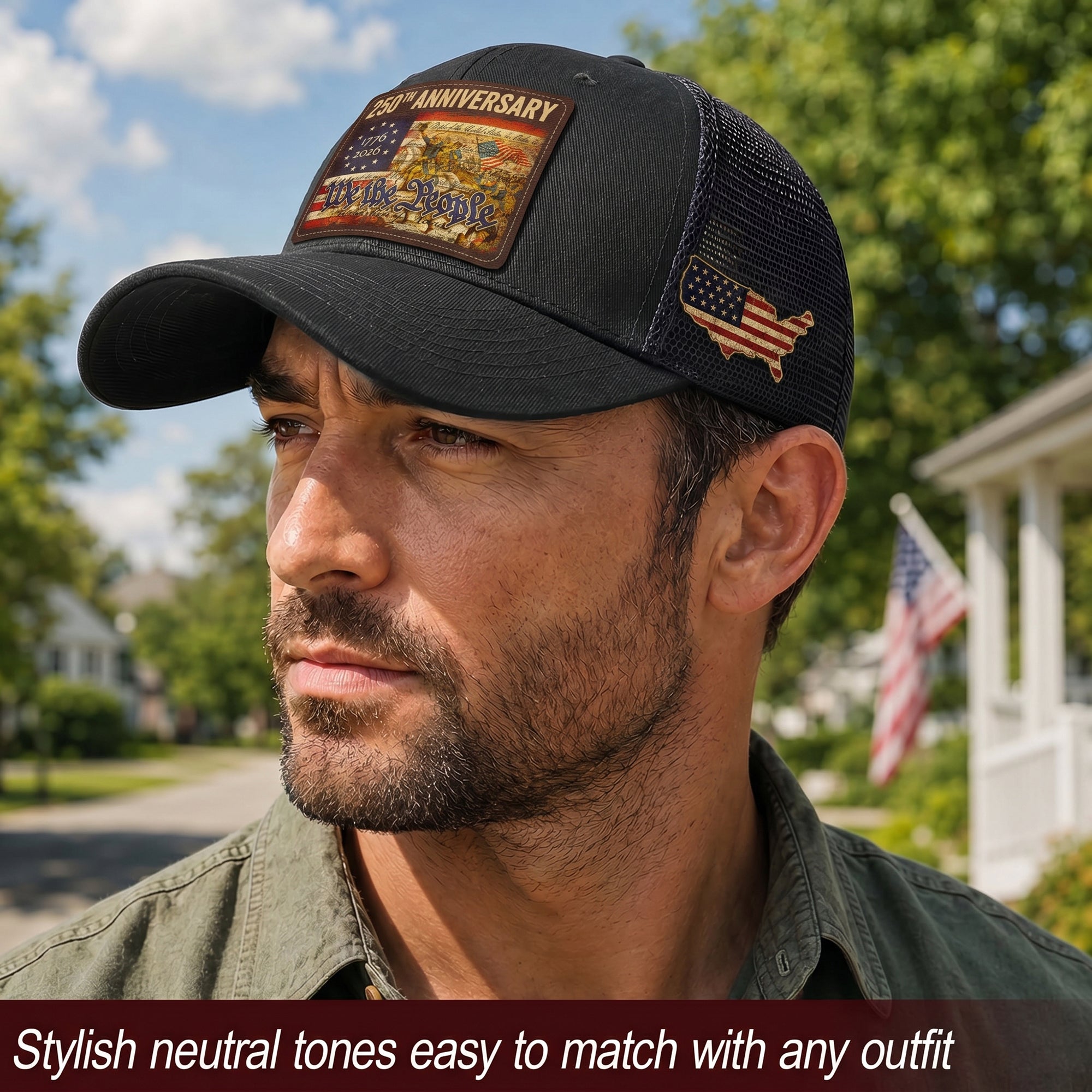 USA 250th Anniversary We The People Leather Patch Trucker Hat Patriotic Mesh Cap