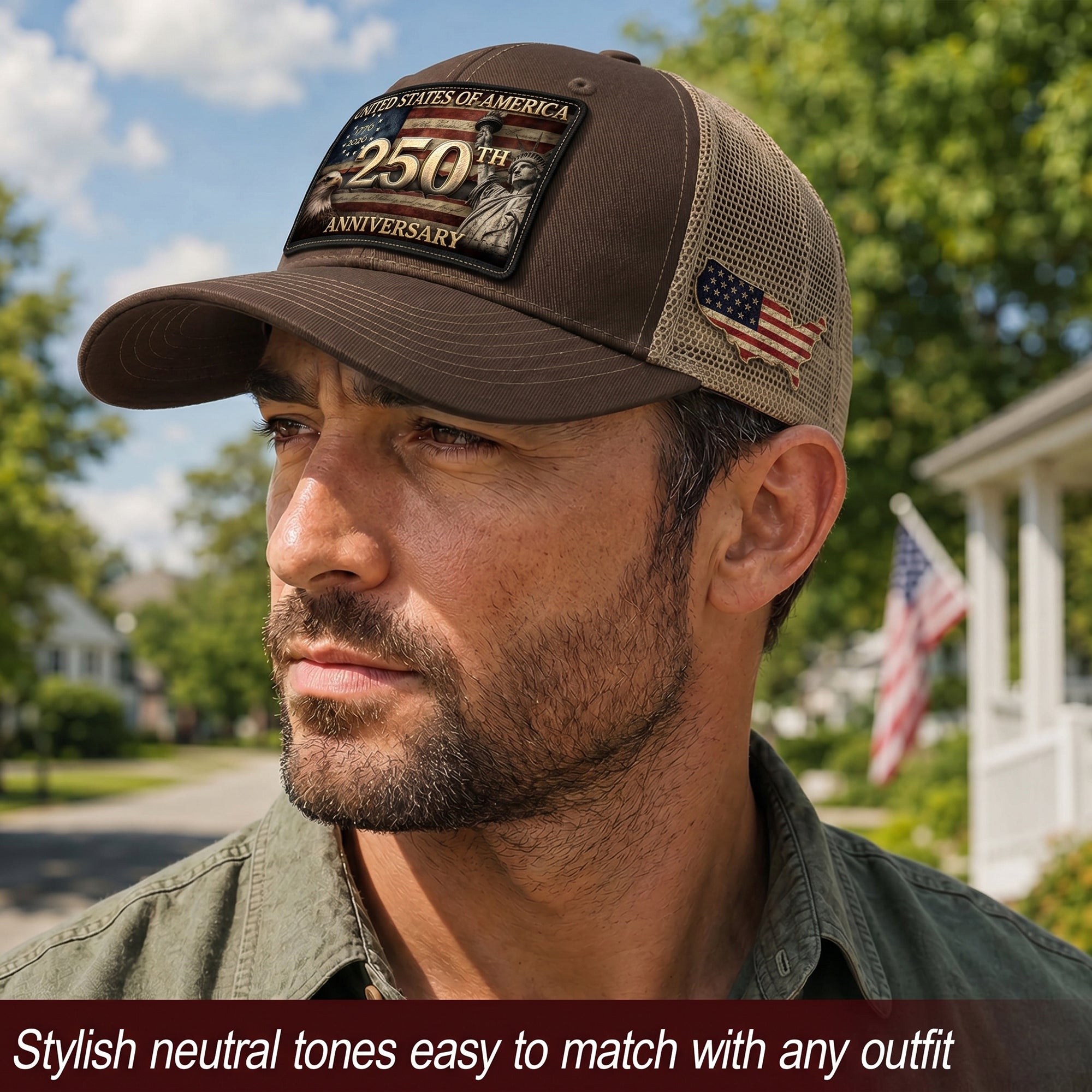 USA 250th Anniversary Leather Patch Trucker Hat Eagle & Statue of Liberty Mesh Cap