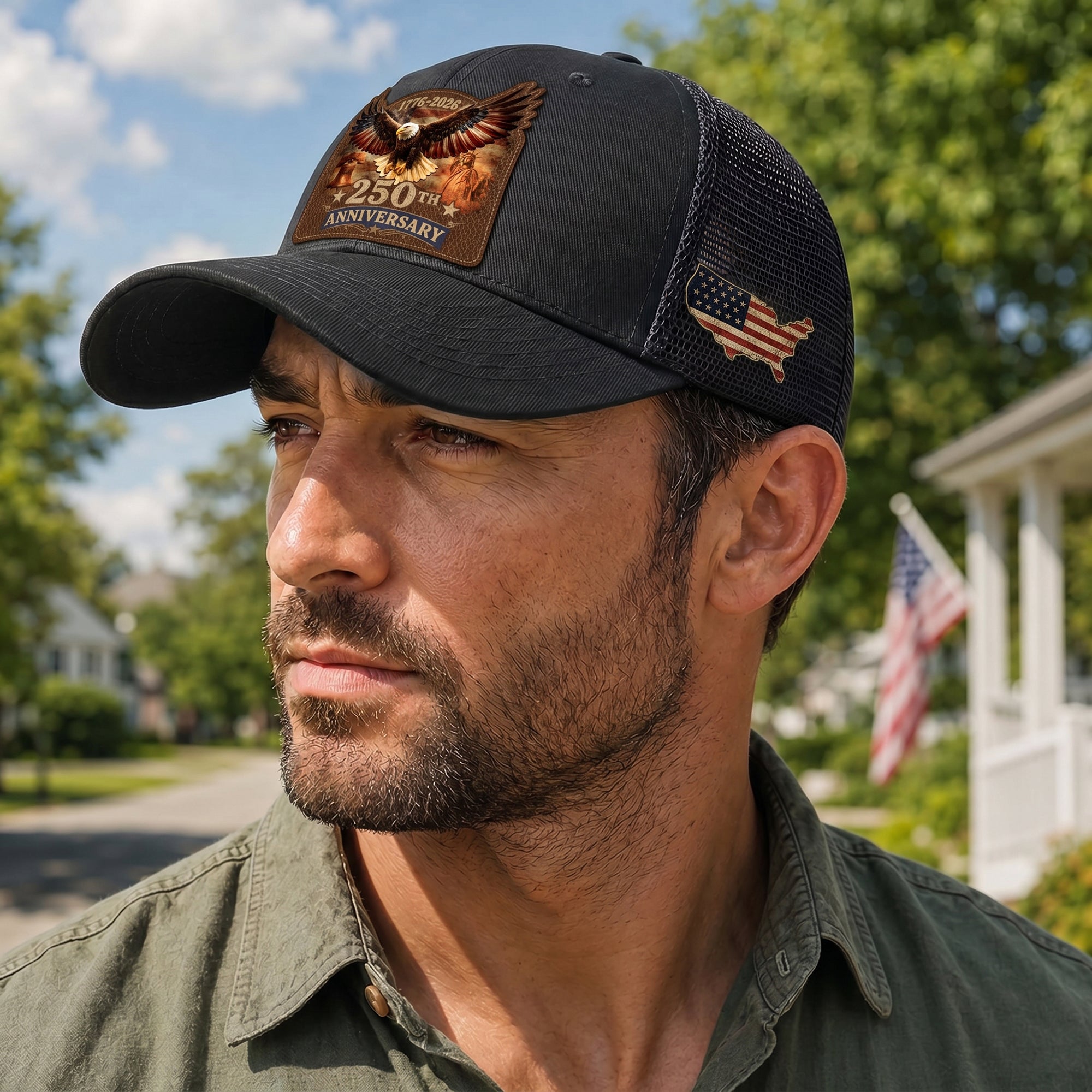 1776-2026 USA Heritage Leather Patch Trucker Cap Patriotic Eagle & Liberty Bell Hat