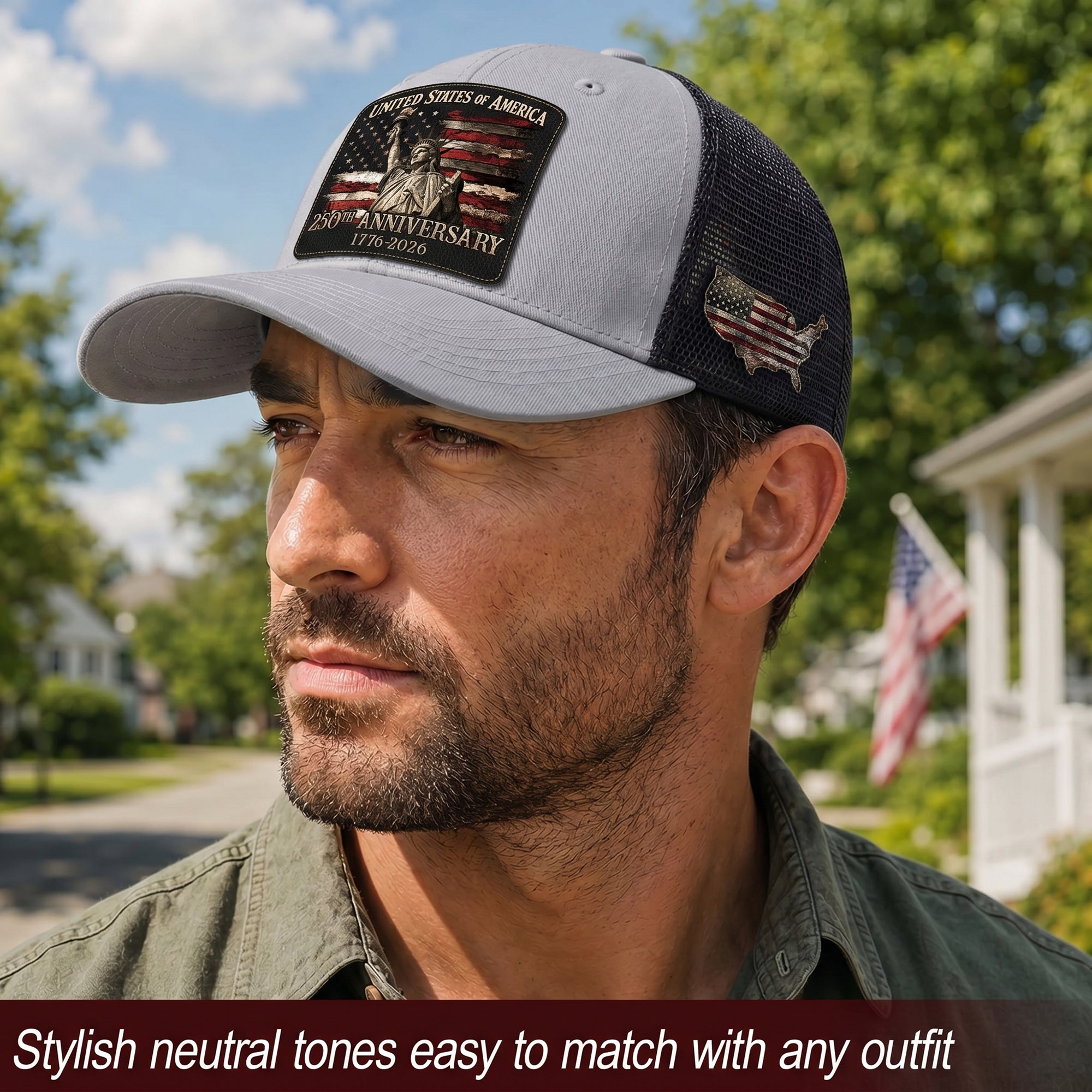 United States 1776-2026 Leather Patch Cap Patriotic Statue of Liberty Mesh Hat