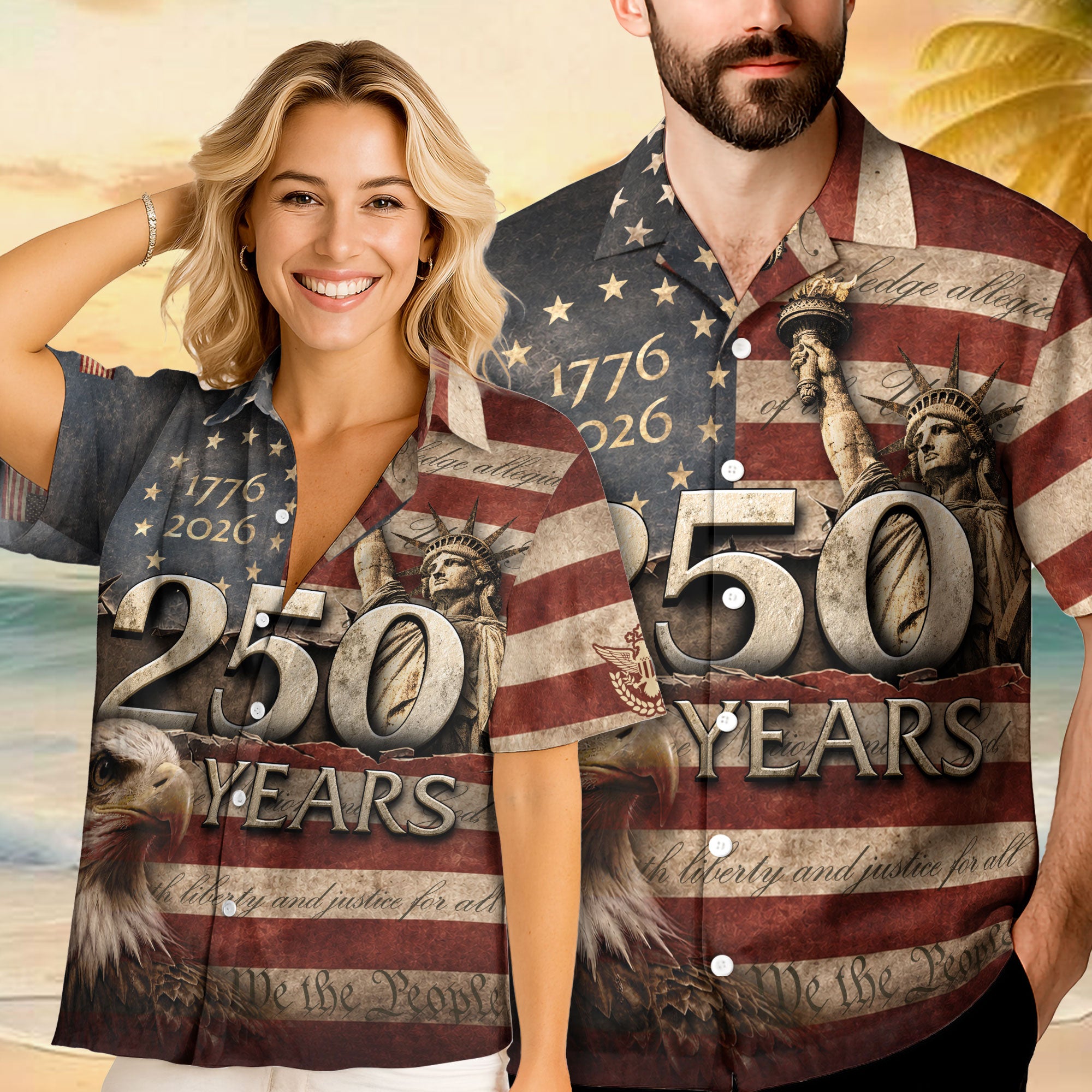Hawaiian Shirt 250th Anniversary Vintage US Tattered Flag Patriotic Eagle