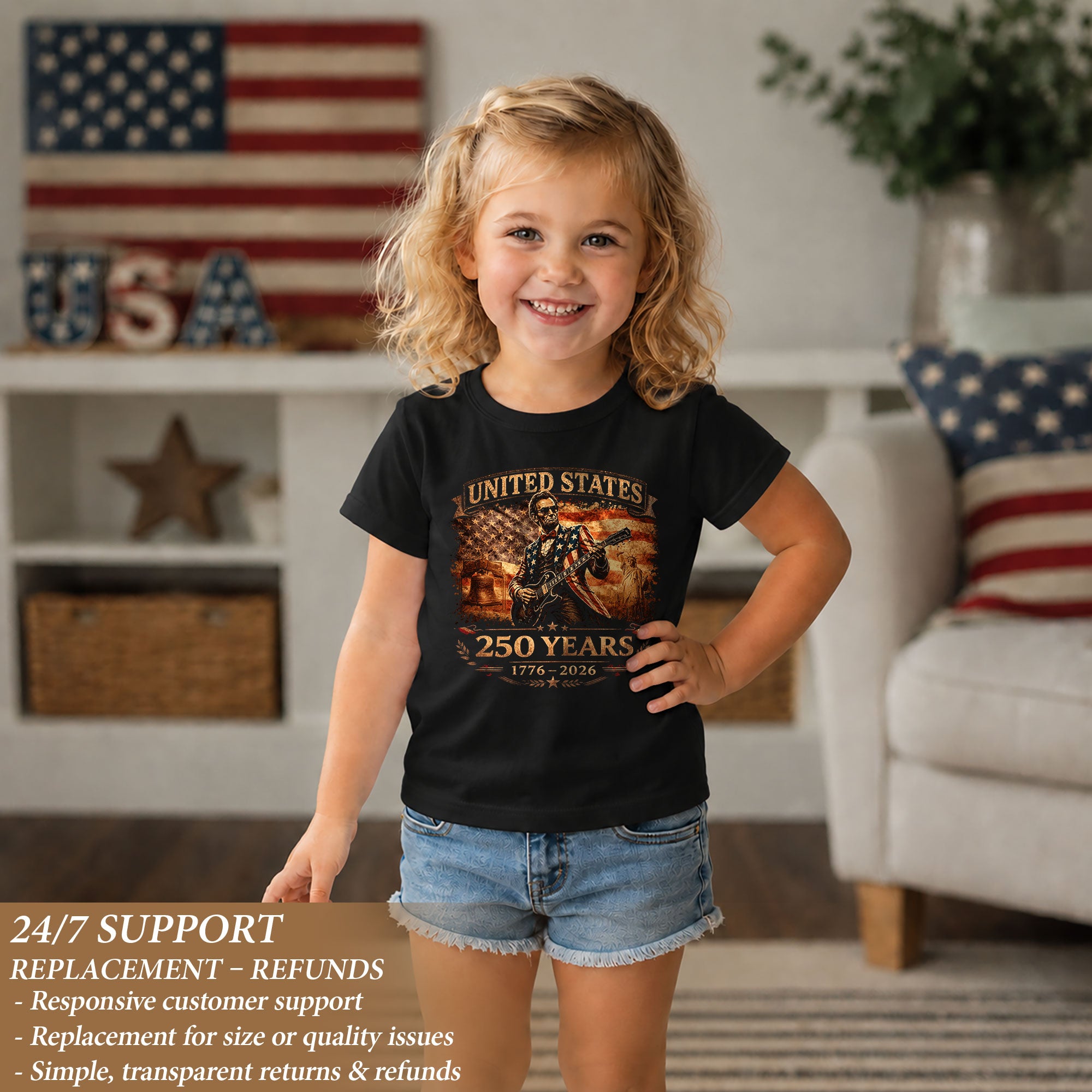 Kids America 250 Years T-Shirt 1776–2026 Lincoln Guitar Patriotic Youth Graphic Tee