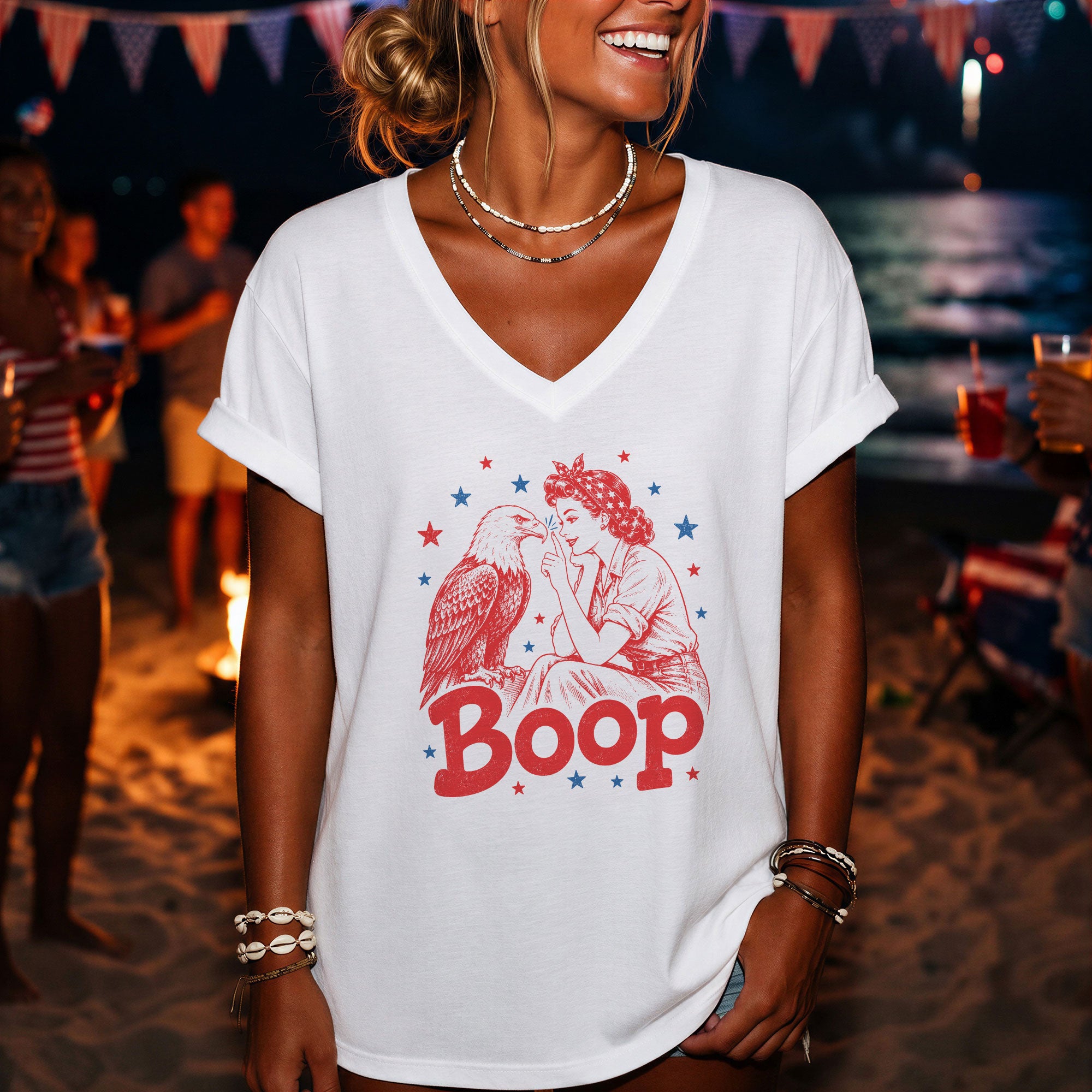 Boop Eagle V-Neck T-Shirt Women Patriotic Vintage Graphic Tee Retro American