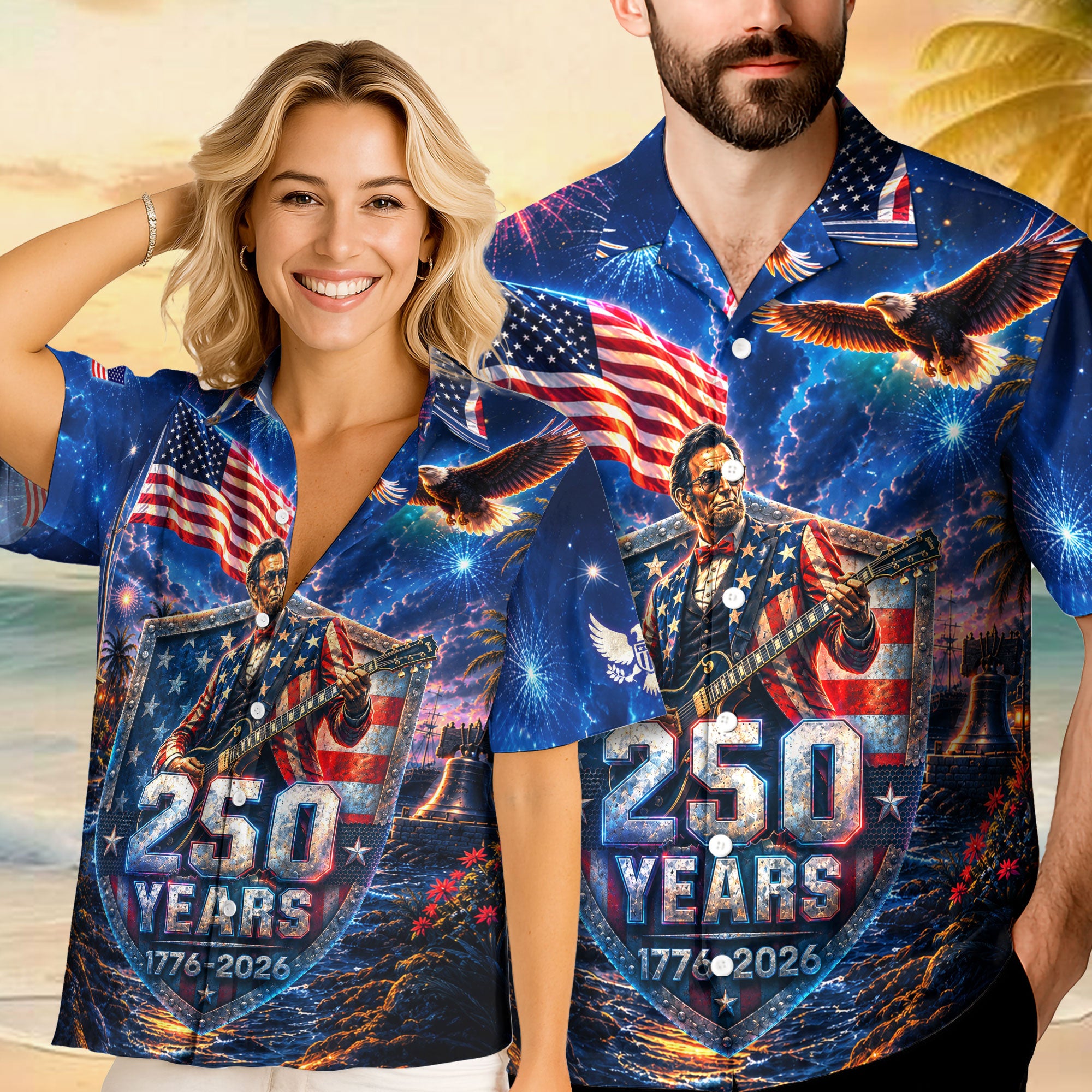 Hawaiian Shirt Patriotic 250th Anniversary Abraham Lincoln Eagle Fireworks