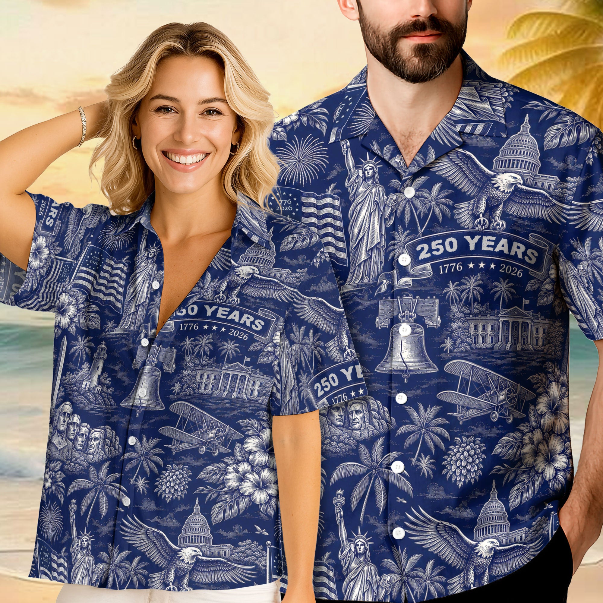 Hawaiian Shirt 250th Anniversary Vintage Patriotic Blue Toile All Over Print