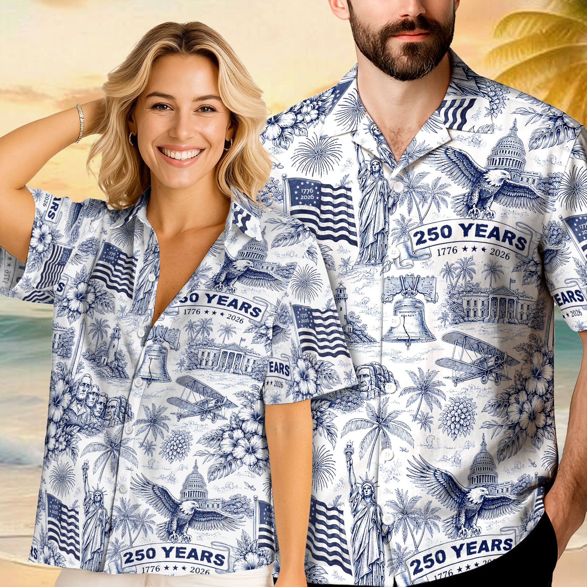 Hawaiian Shirt 250th Anniversary Vintage Patriotic White Toile All Over Print