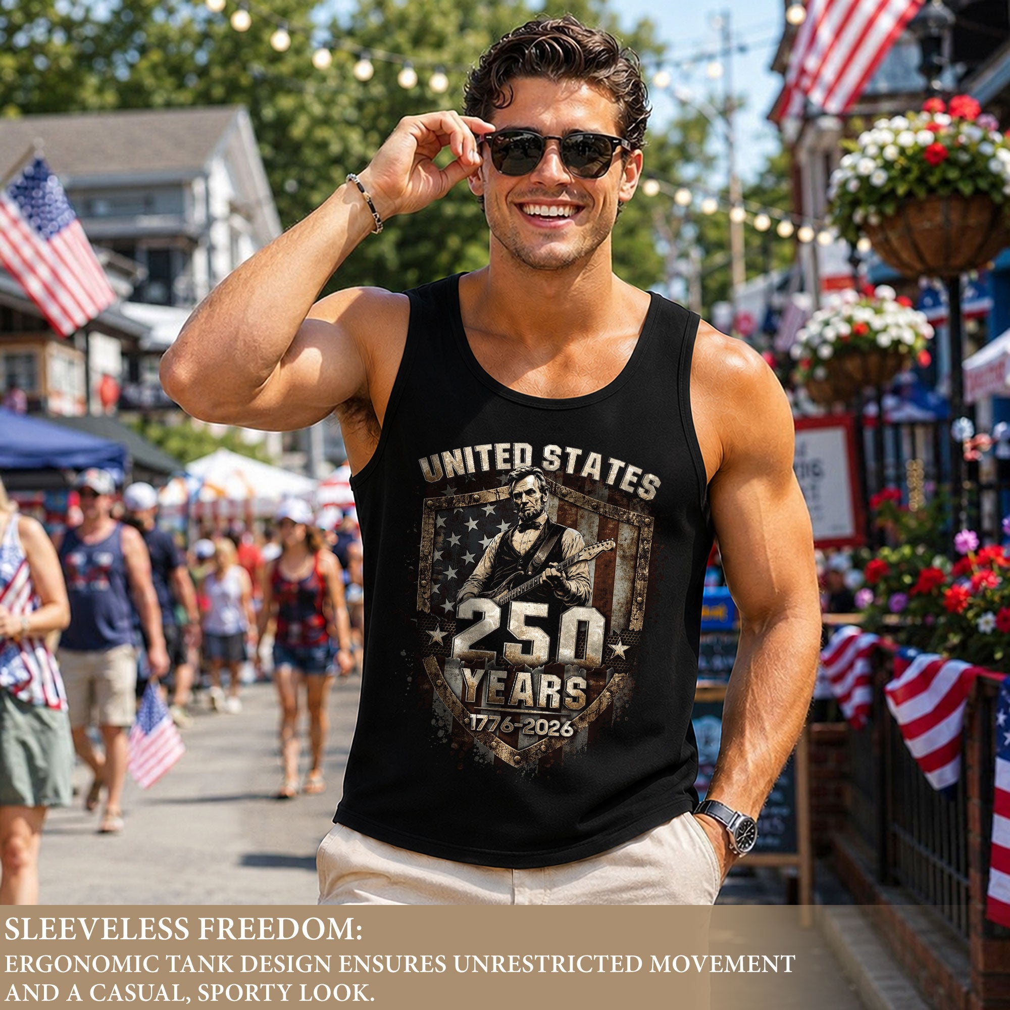 Rockstar Lincoln Shield Tank Top 1776-2026 Patriotic Grunge Men Graphic Sleeveless Shirt