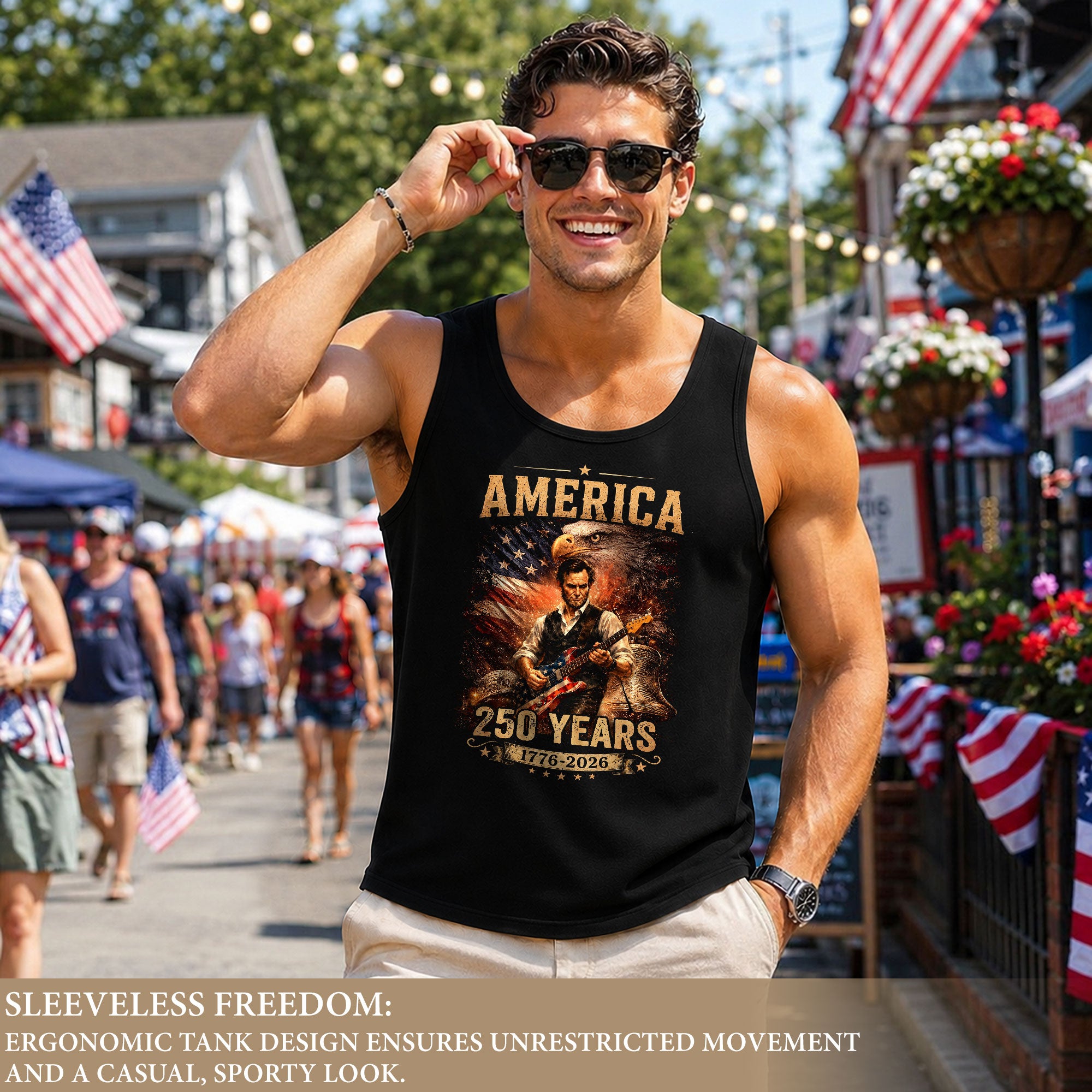 Eagle Abraham Lincoln Guitar Tank Top 1776-2026 Patriotic Vintage Men Graphic Gym Shirt
