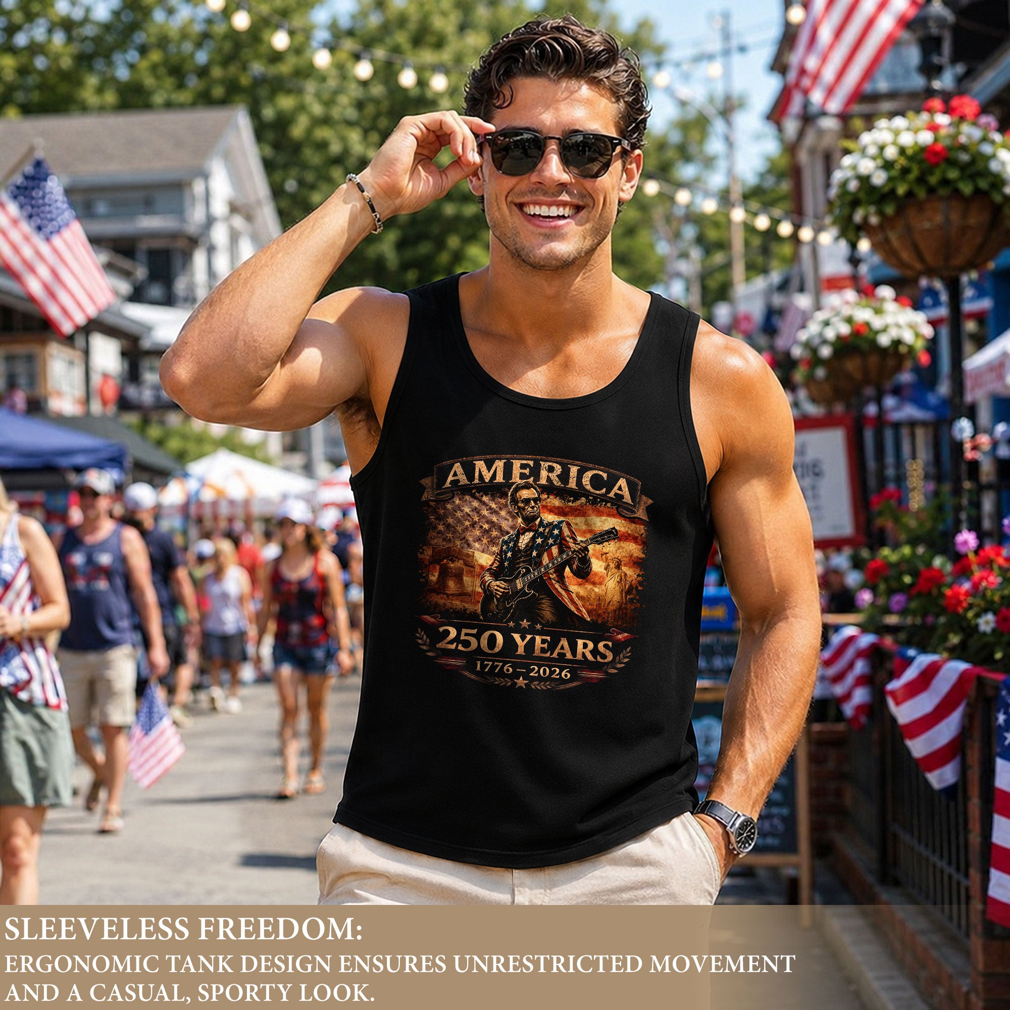 Lincoln Flag Suit Guitar Tank Top 1776-2026 Patriotic Vintage Men Graphic Sleeveless Shirt