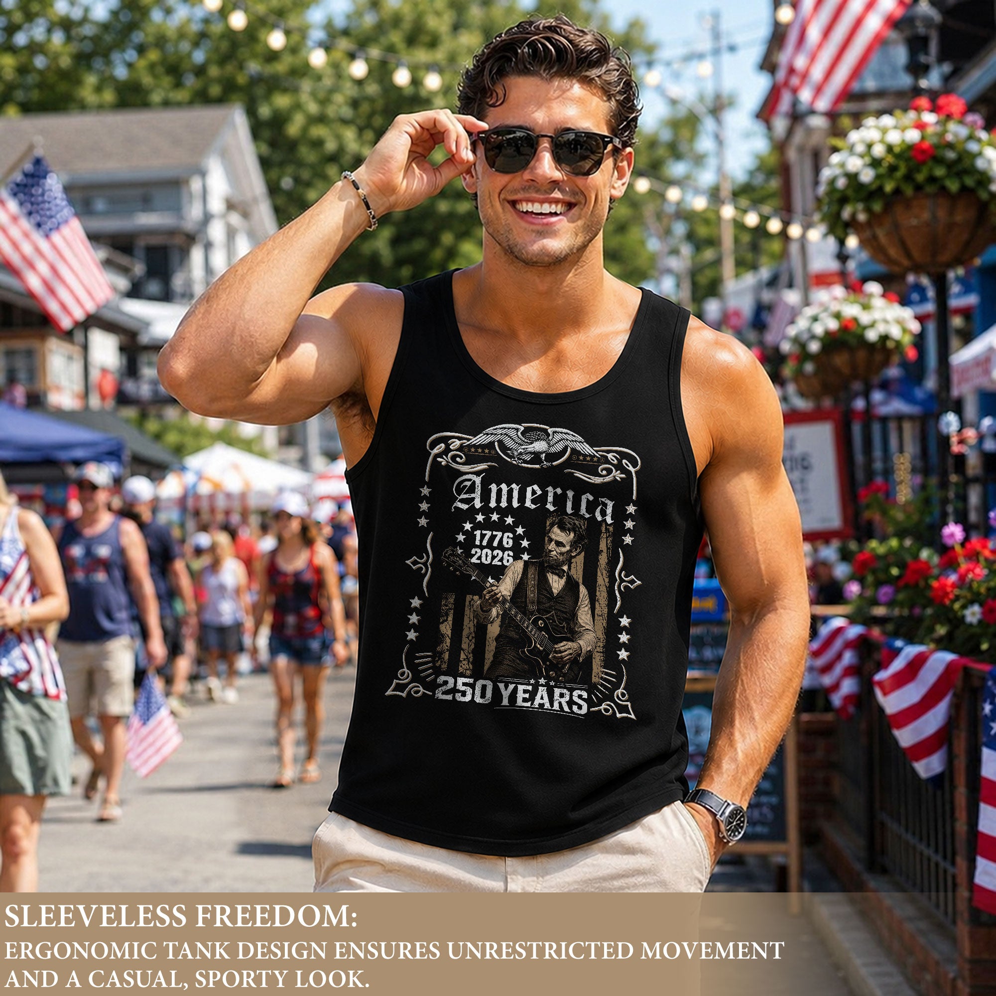 Lincoln Guitar Frame Tank Top 1776-2026 Patriotic Vintage Men Graphic Sleeveless Gym Shirt