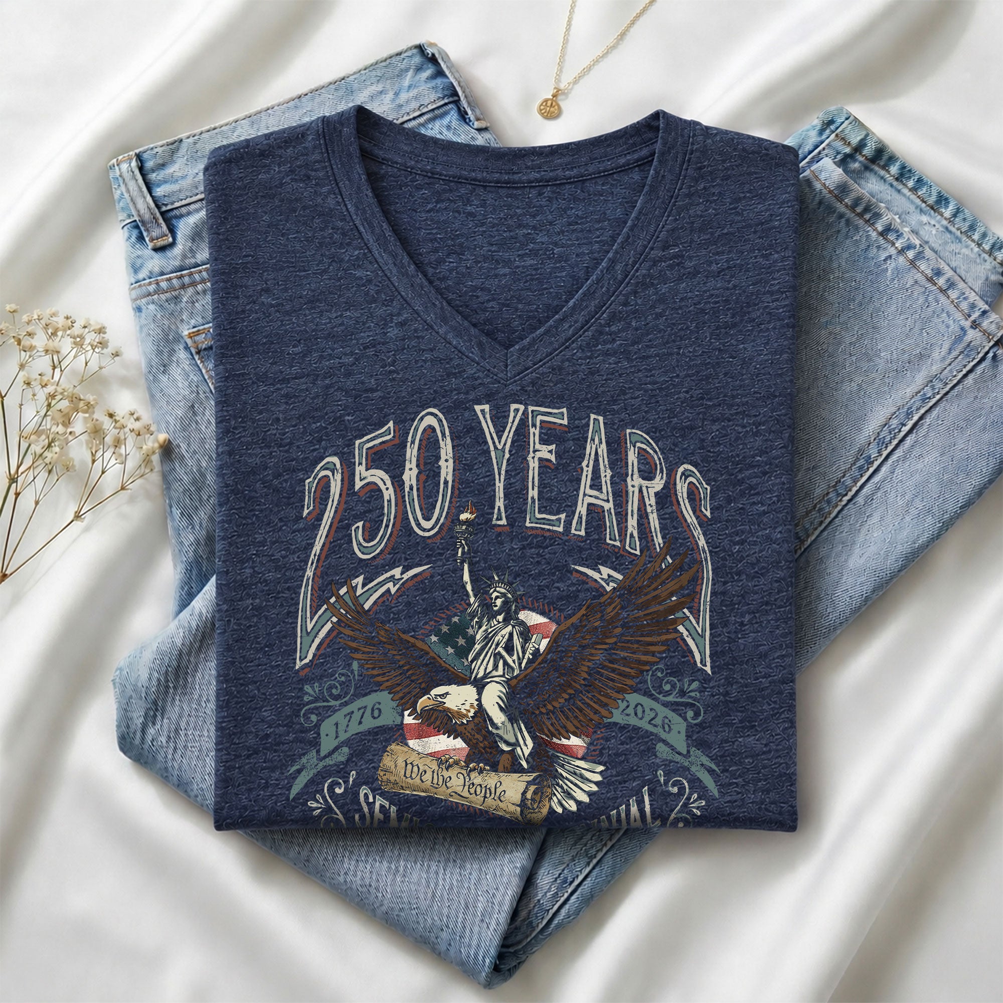 Womens 250 Years Liberty Eagle V Neck Shirt Vintage Patriotic 1776 2026 Graphic Tee