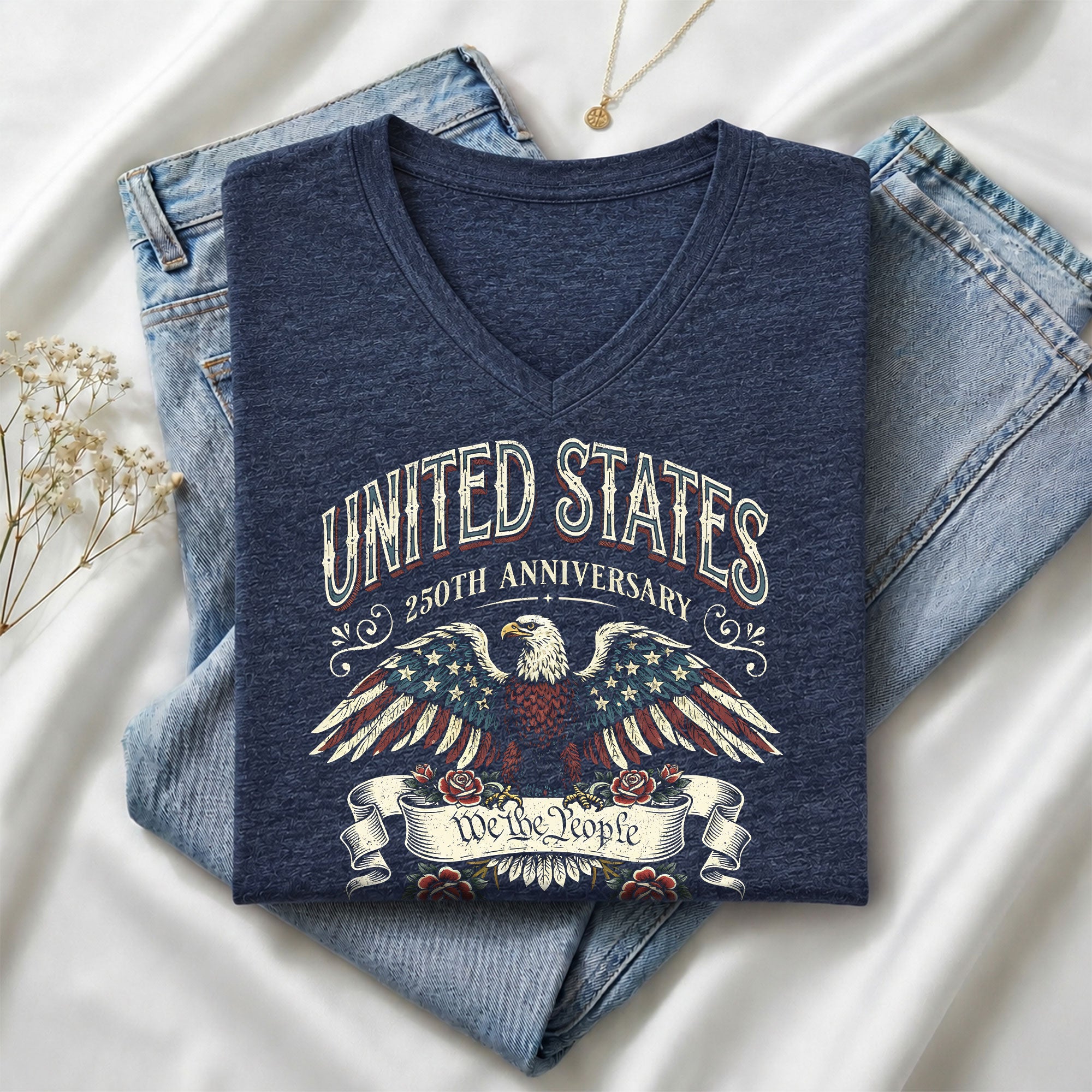 Womens 250th Anniversary V Neck Shirt Vintage Patriotic Eagle Rose 1776 2026 Tee