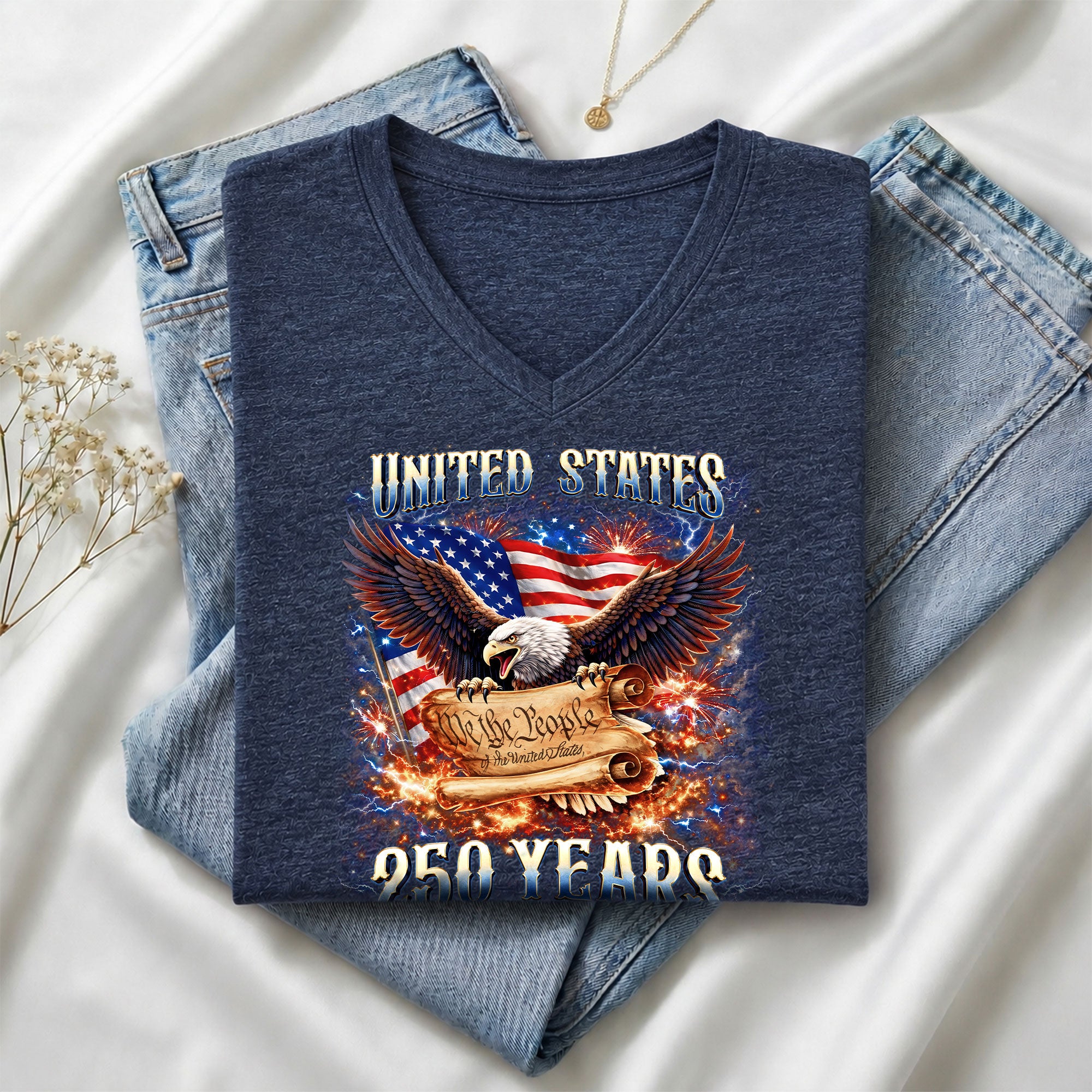 United States 250 Years Womens V Neck Shirt Retro We The People Firework Eagle Top