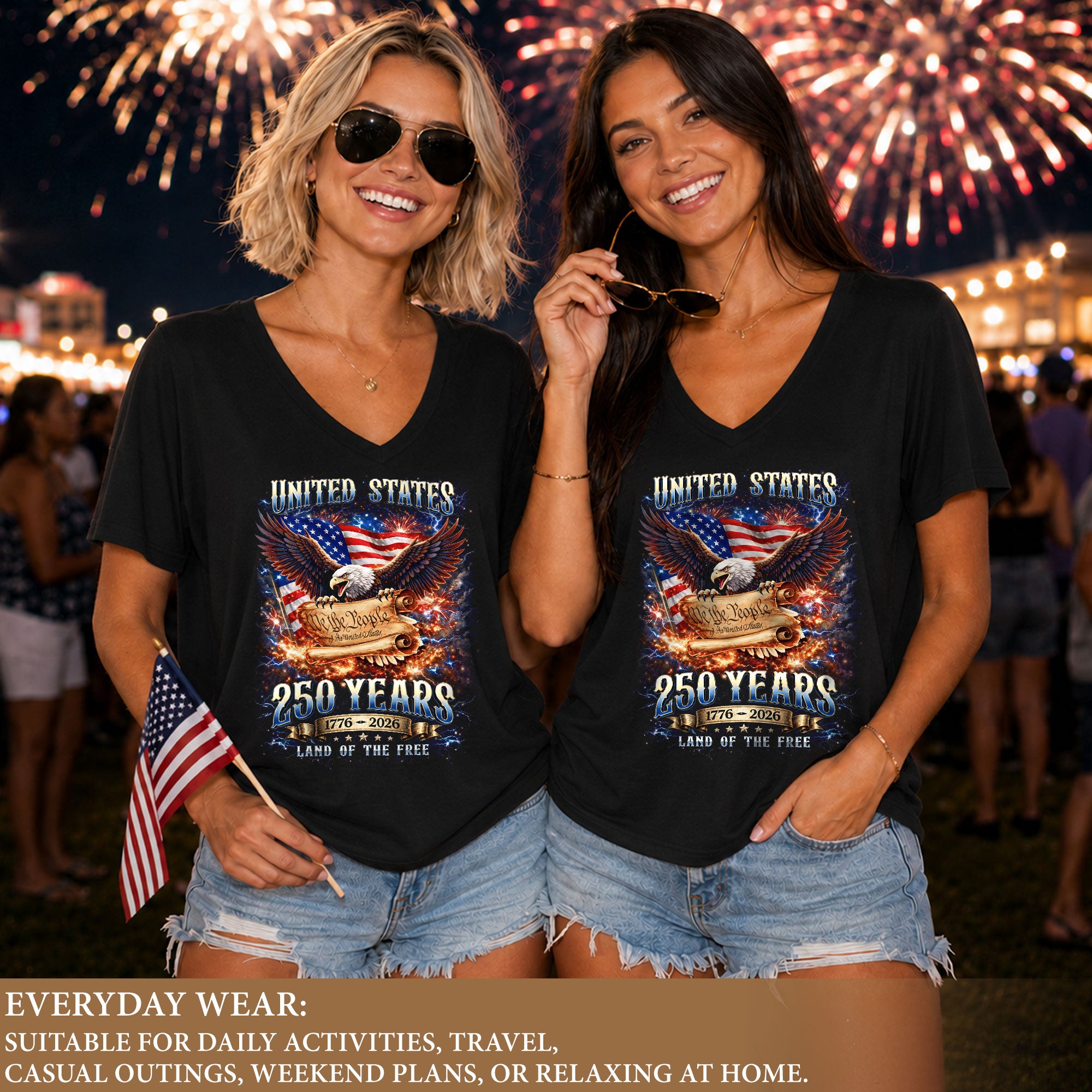 United States 250 Years Womens V Neck Shirt Retro We The People Firework Eagle Top