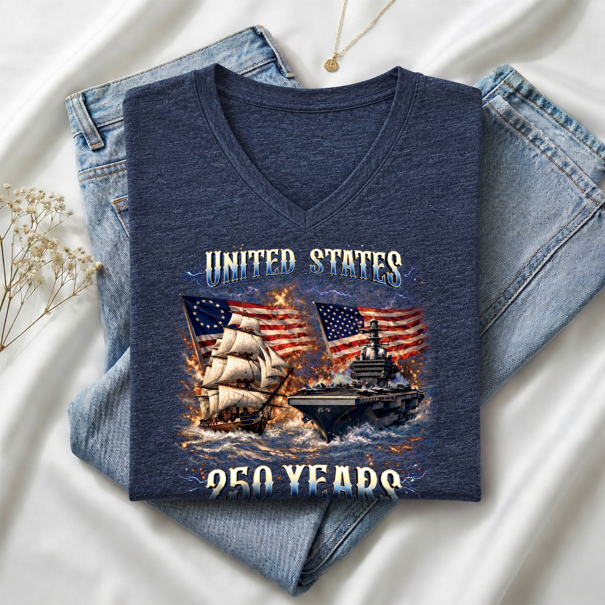 Patriotic Ship Womens V Neck Shirt Cool Military Flag Vintage 250 Years 1776 2026 Tee