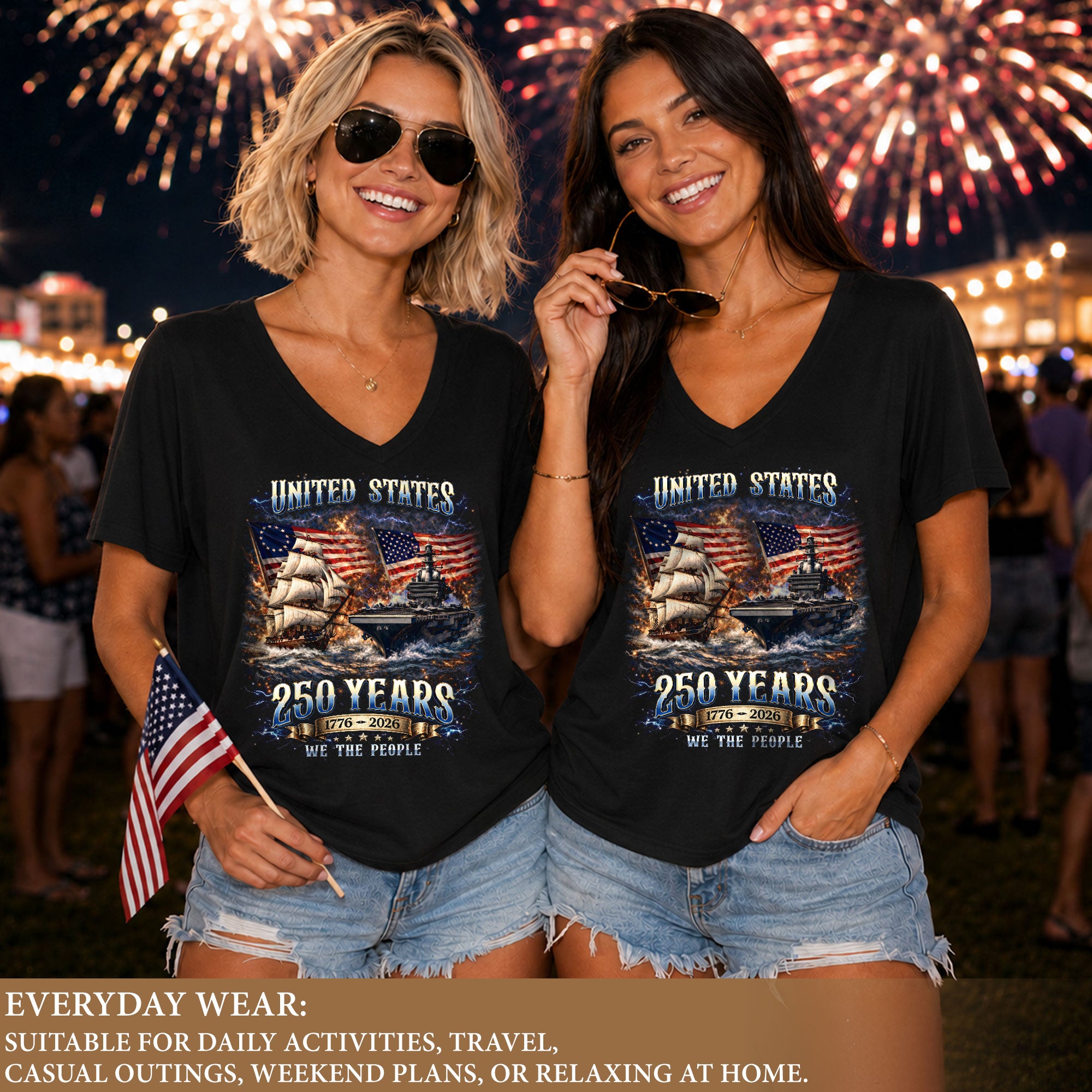 Patriotic Ship Womens V Neck Shirt Cool Military Flag Vintage 250 Years 1776 2026 Tee