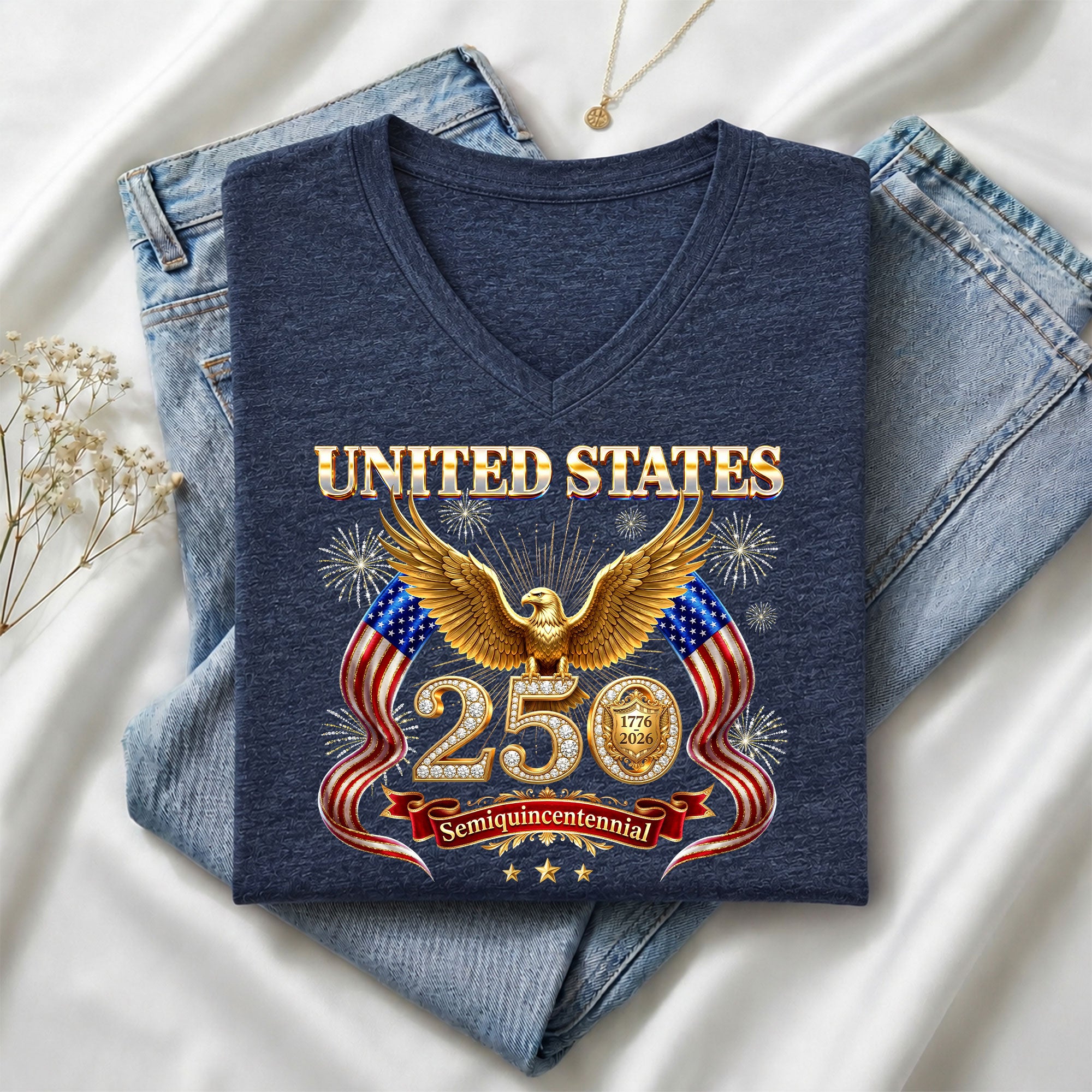 United States 250 Year Anniversary T Shirt Patriotic American V Neck Graphic Tee Unisex