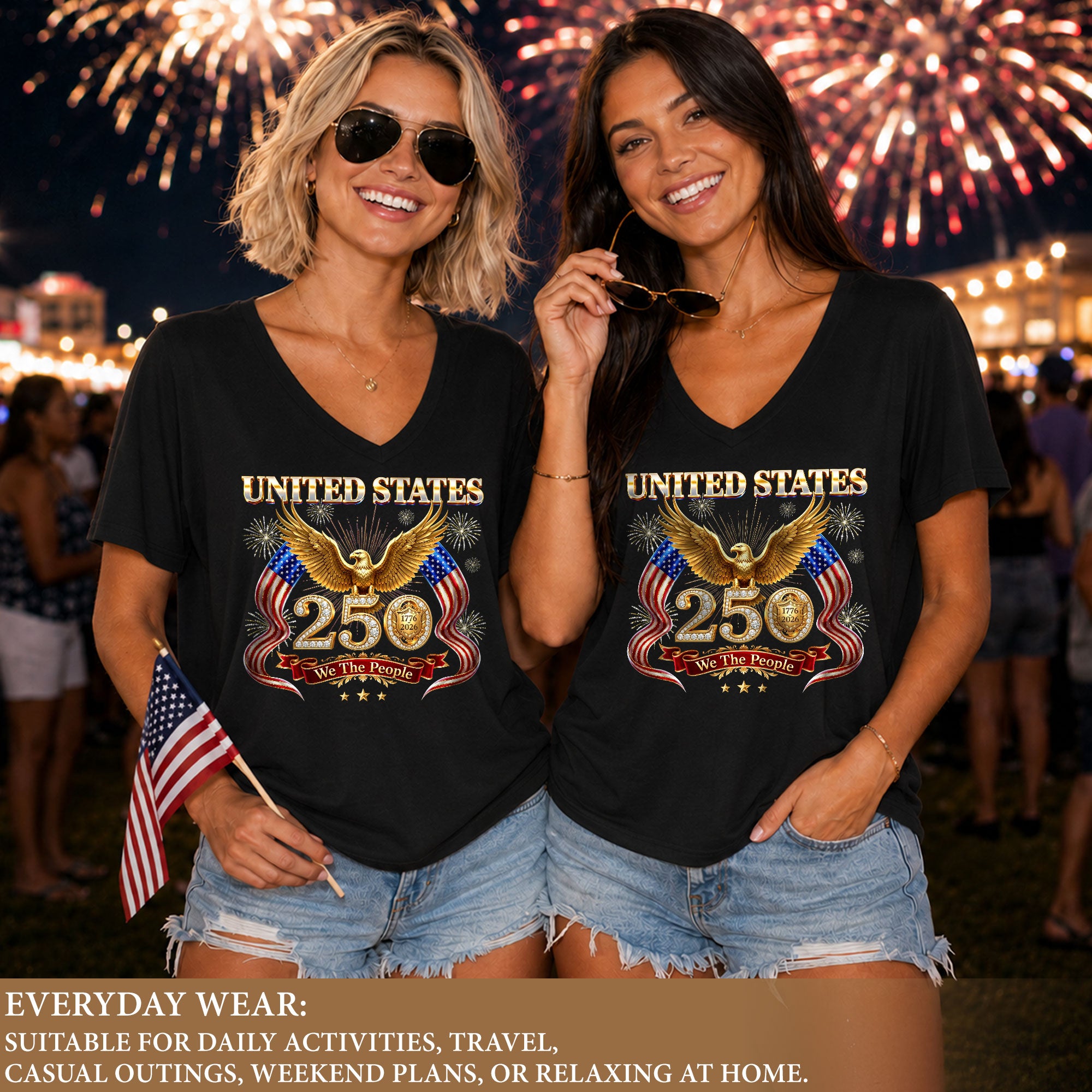 United States 250 Year Anniversary T Shirt Patriotic American V Neck Graphic Tee Unisex