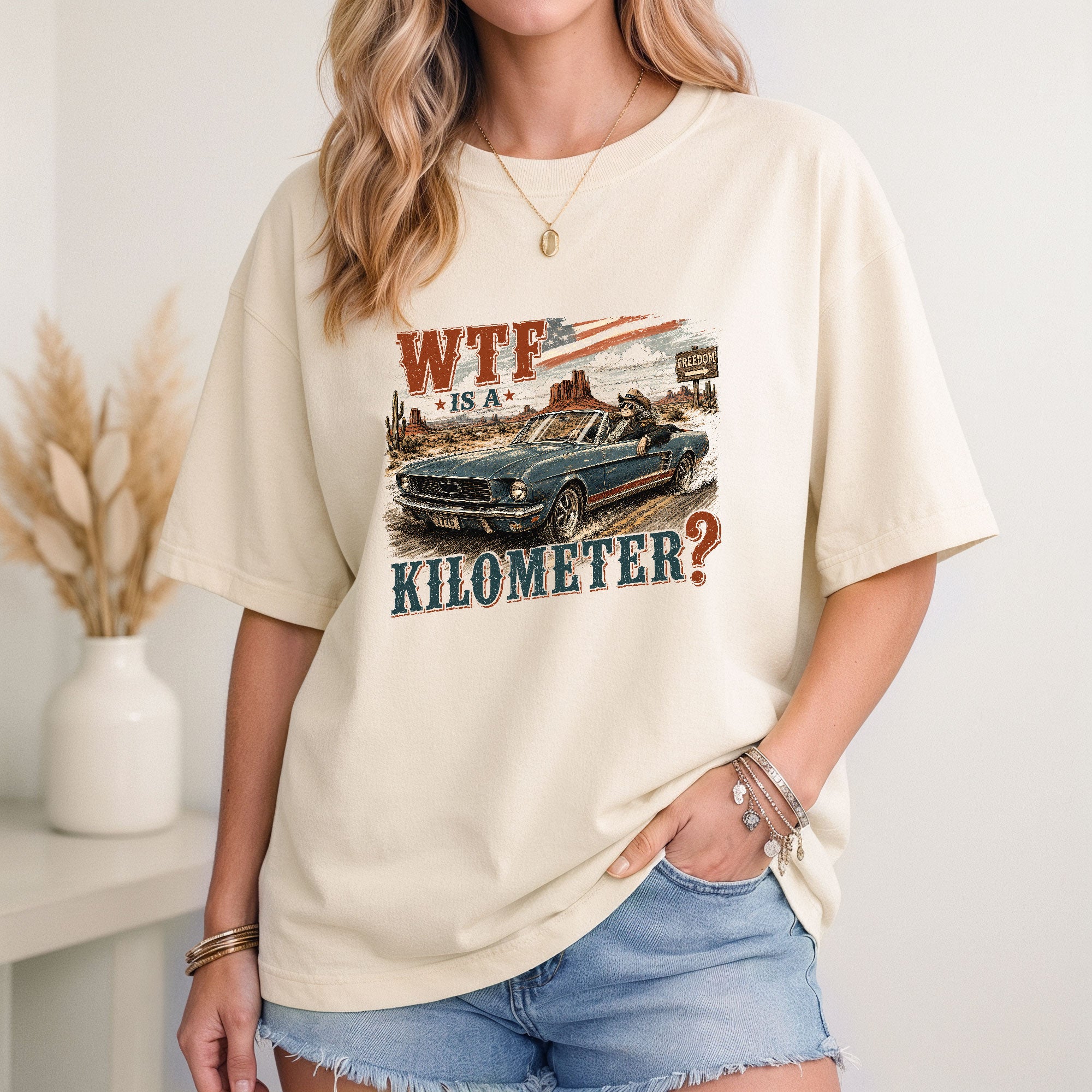 American Pride WTF Is A Kilometer Shirt Retro Car Funny Patriotic Cotton T-Shirt
