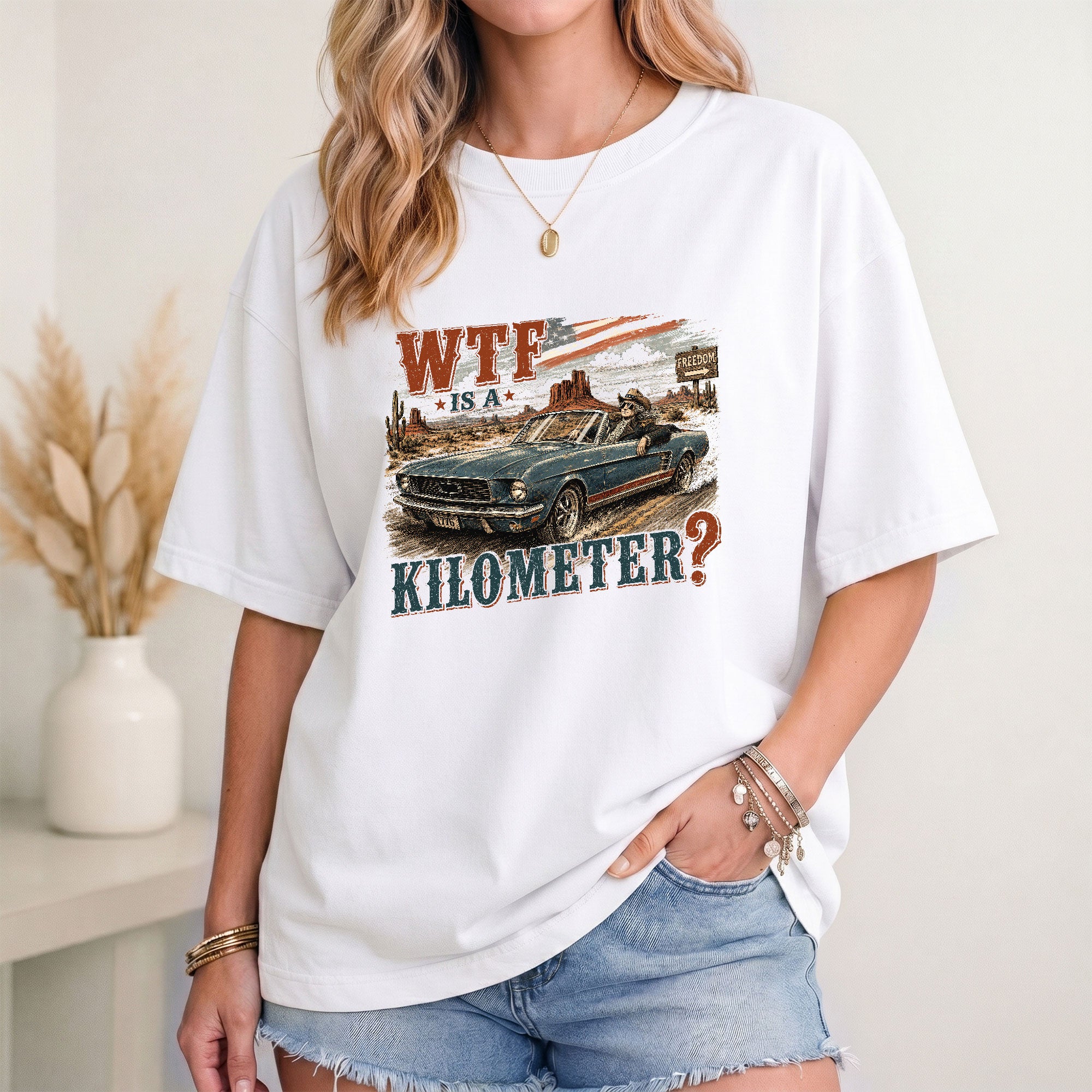 American Pride WTF Is A Kilometer Shirt Retro Car Funny Patriotic Cotton T-Shirt