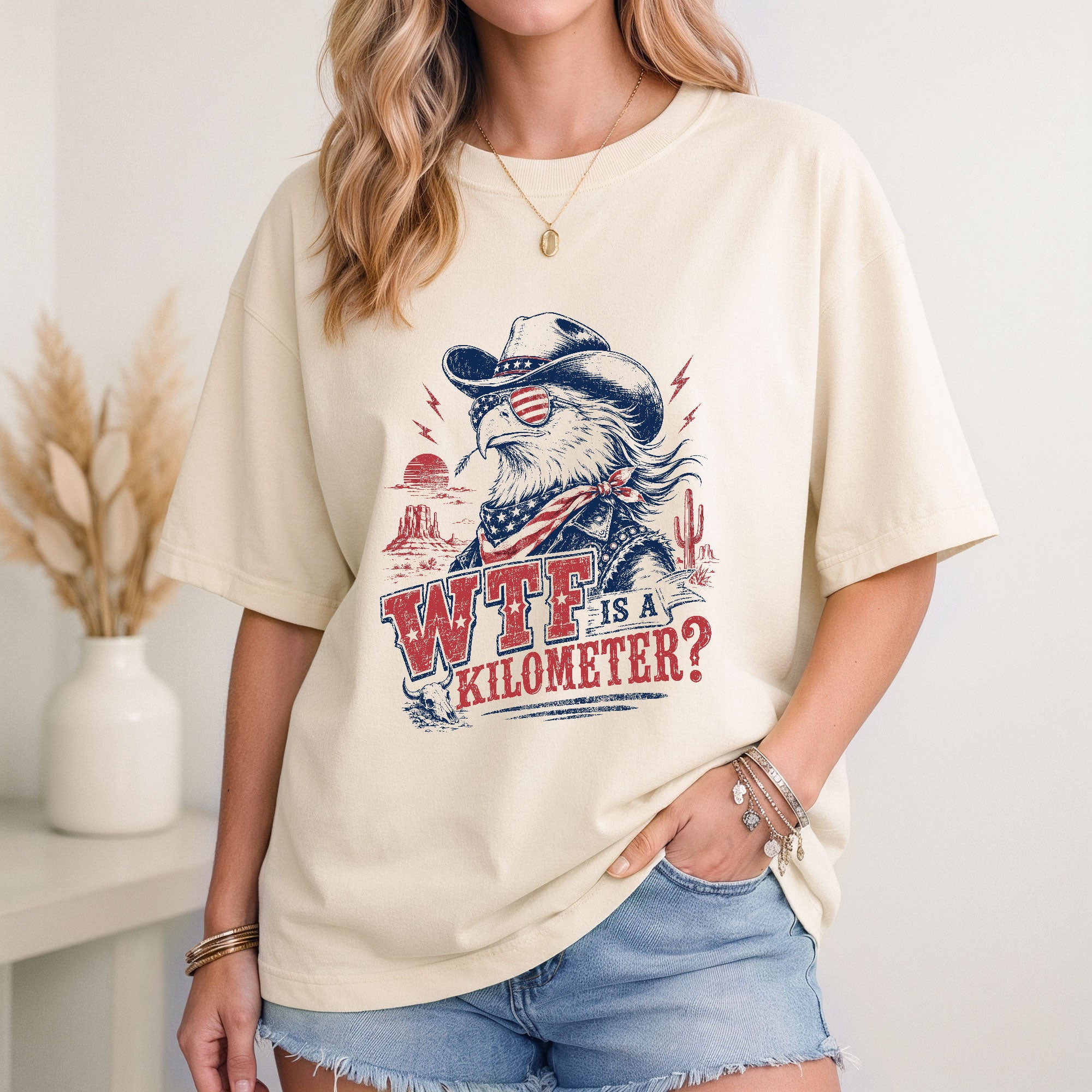 Funny USA Patriot Tee WTF Is A Kilometer Graphic Shirt Vintage Cowboy Eagle Design