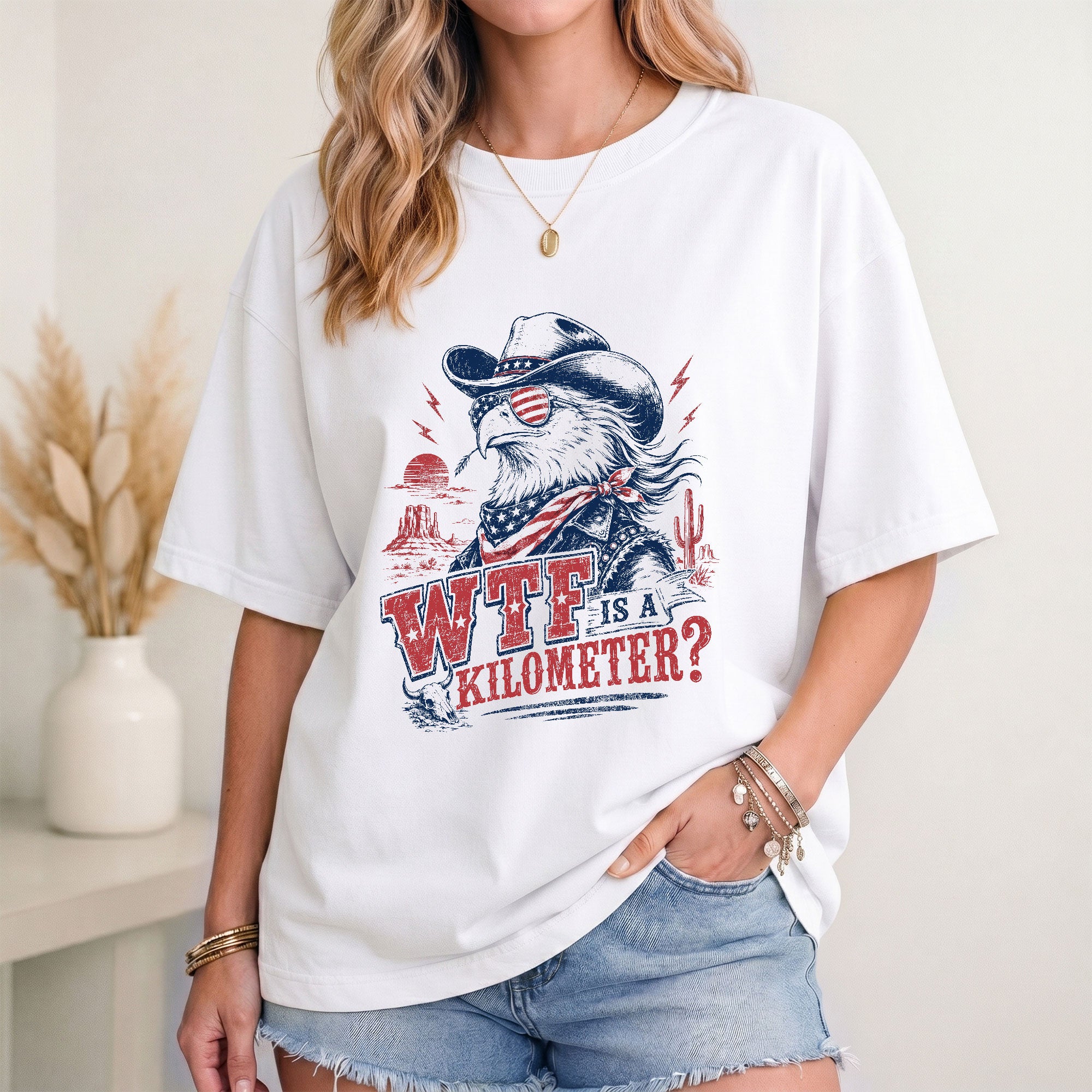 Funny USA Patriot Tee WTF Is A Kilometer Graphic Shirt Vintage Cowboy Eagle Design