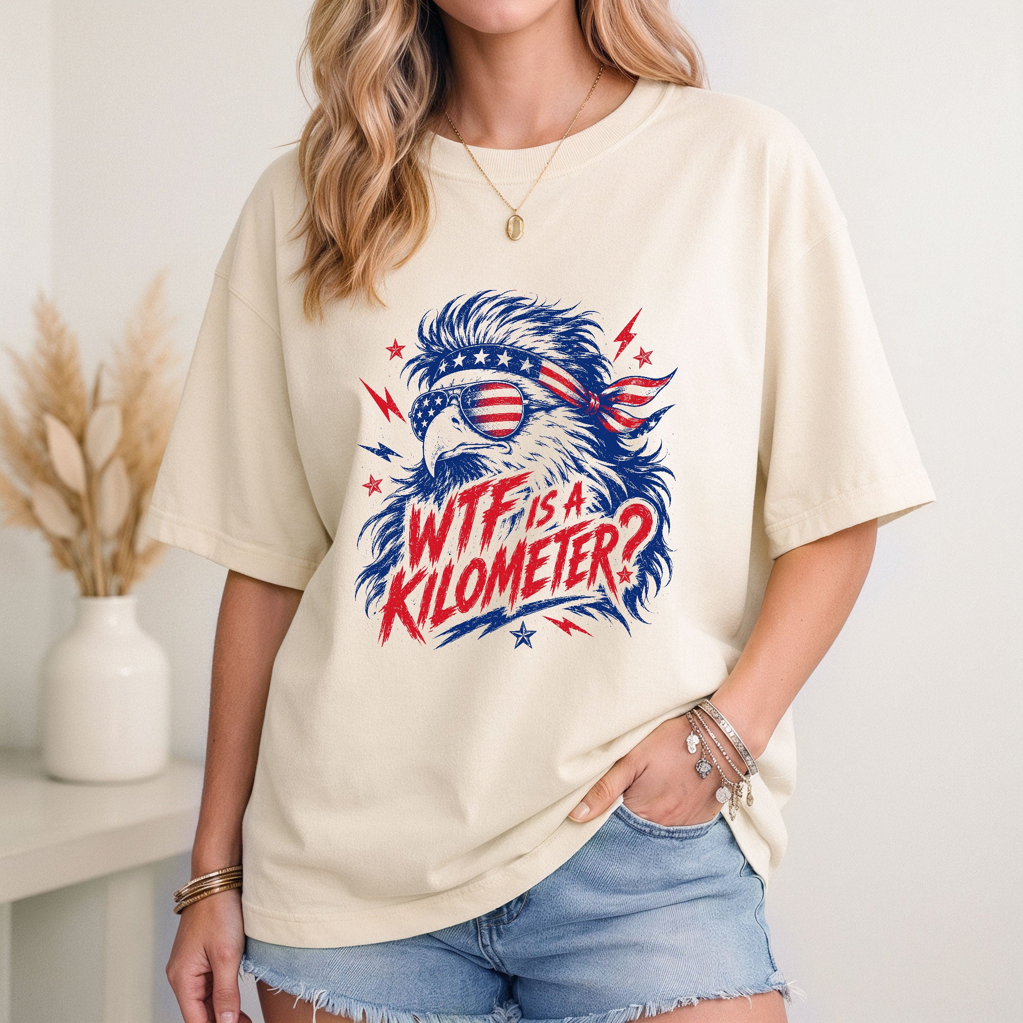 Funny WTF Is A Kilometer T Shirt Patriotic Bald Eagle Design Casual Cotton Unisex Tee