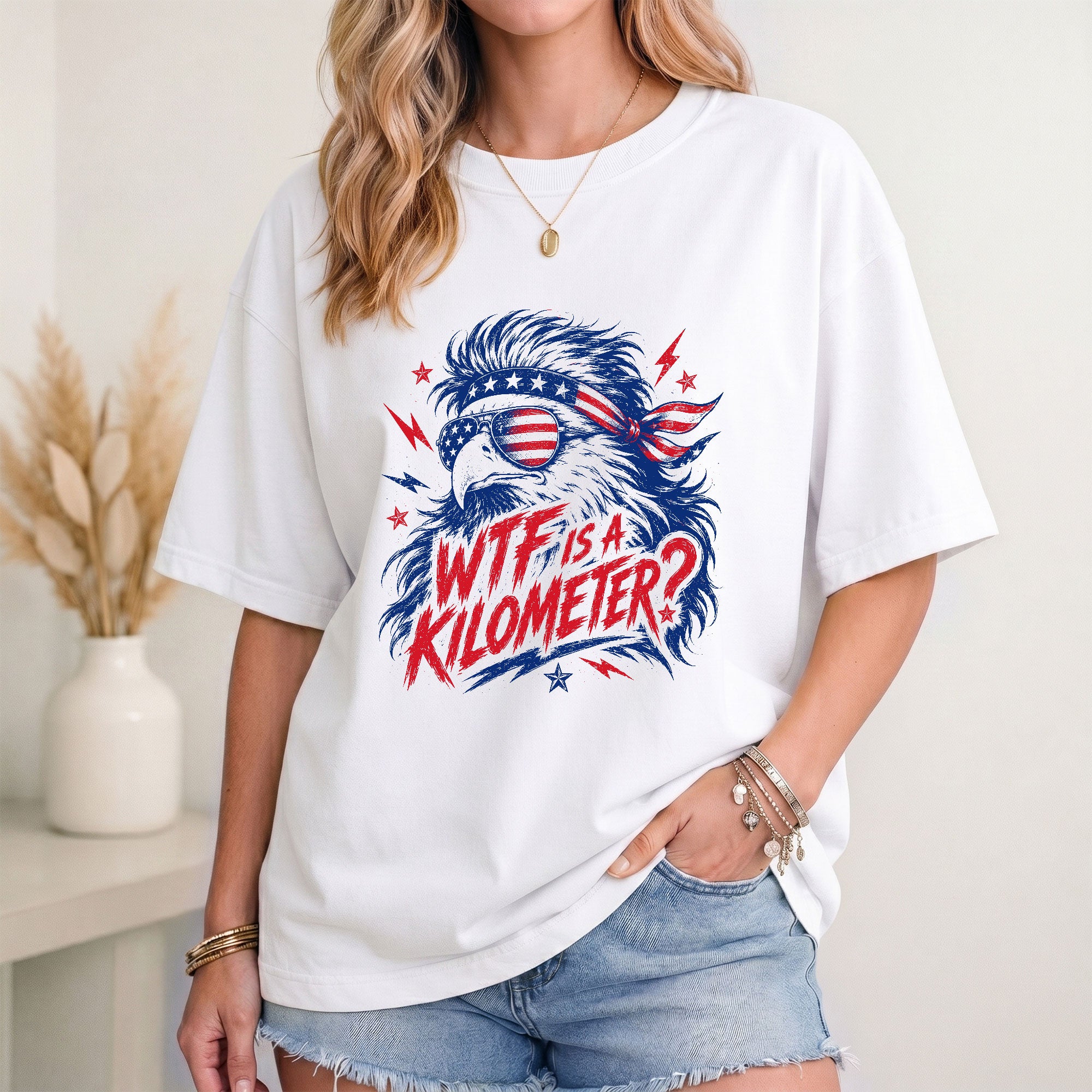 Funny WTF Is A Kilometer T Shirt Patriotic Bald Eagle Design Casual Cotton Unisex Tee