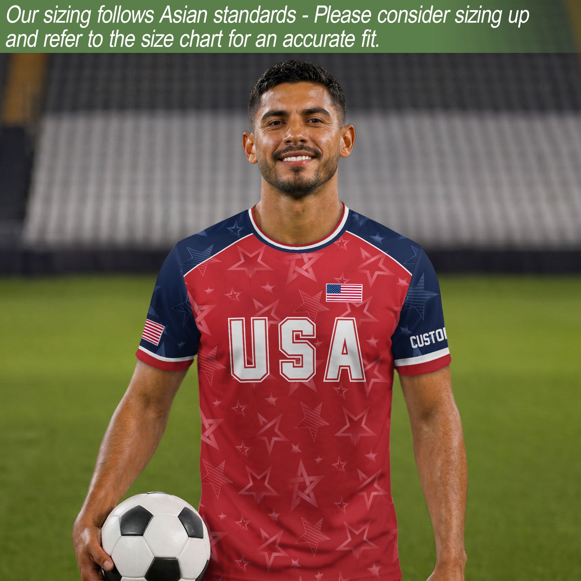 Custom Name Number USA Soccer Jersey Red Raglan Patriotic Stars Football Team Shirt
