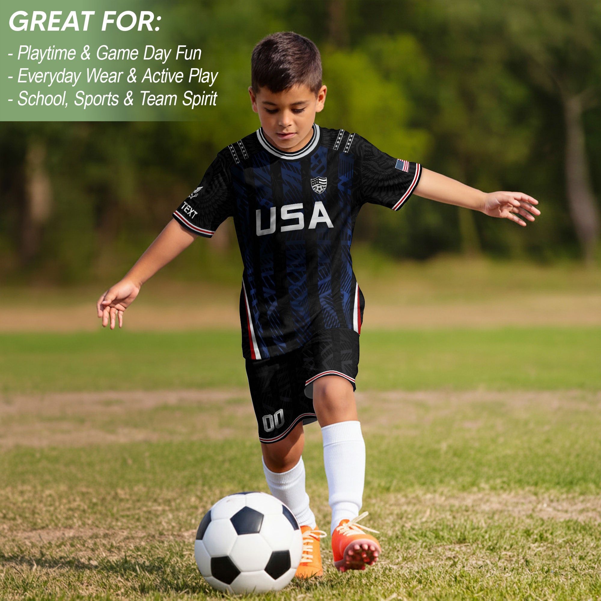 Custom Black and Blue USA Soccer Jersey Set Kid Personalized Name Number