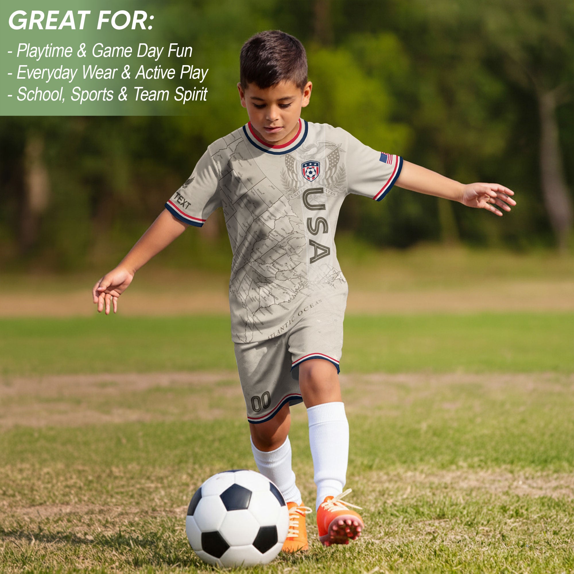 Custom Sand Beige USA Soccer Jersey and Shorts Set Kid Personalized Name and Number