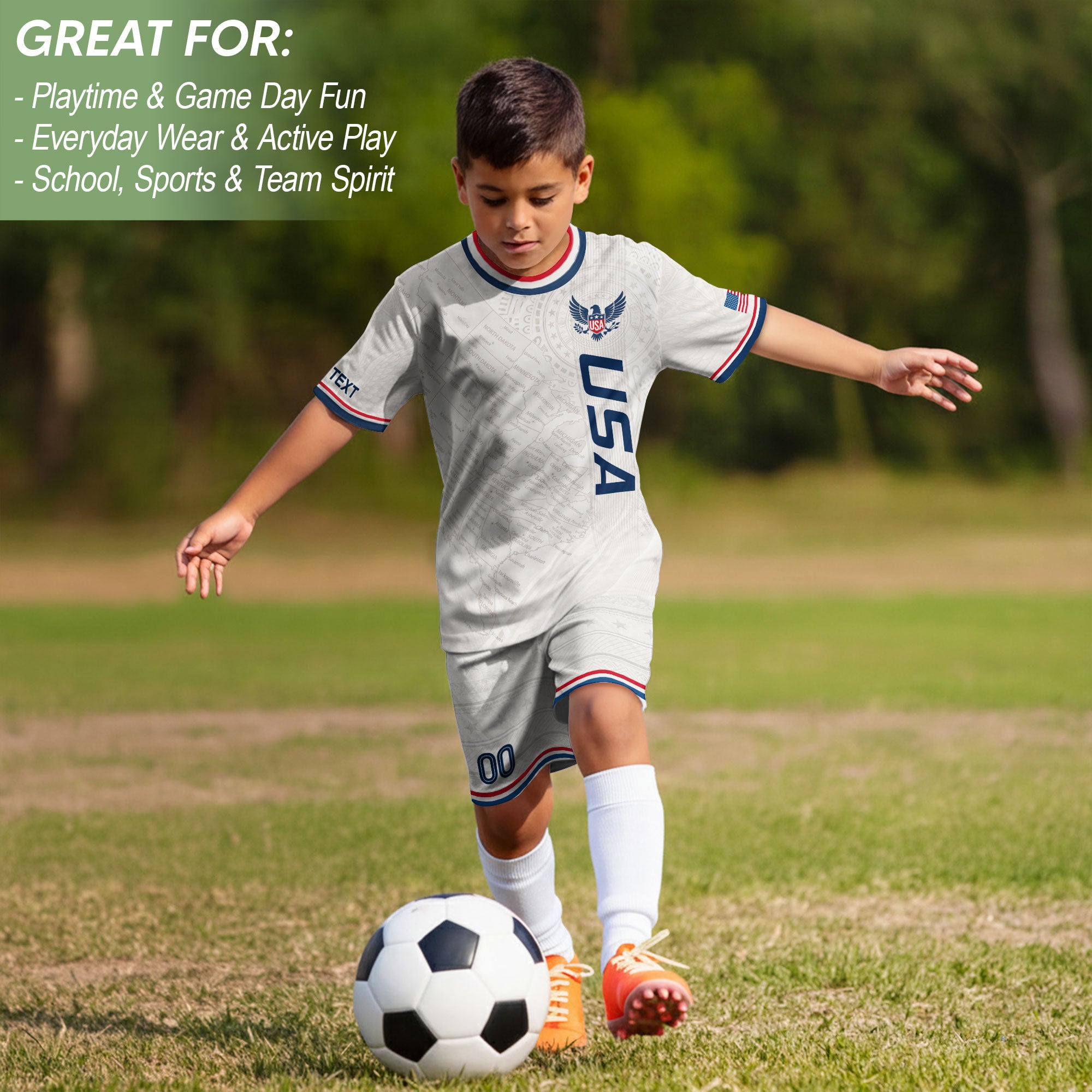 Custom White USA Soccer Jersey and Shorts Set Kid Personalized Name and Number