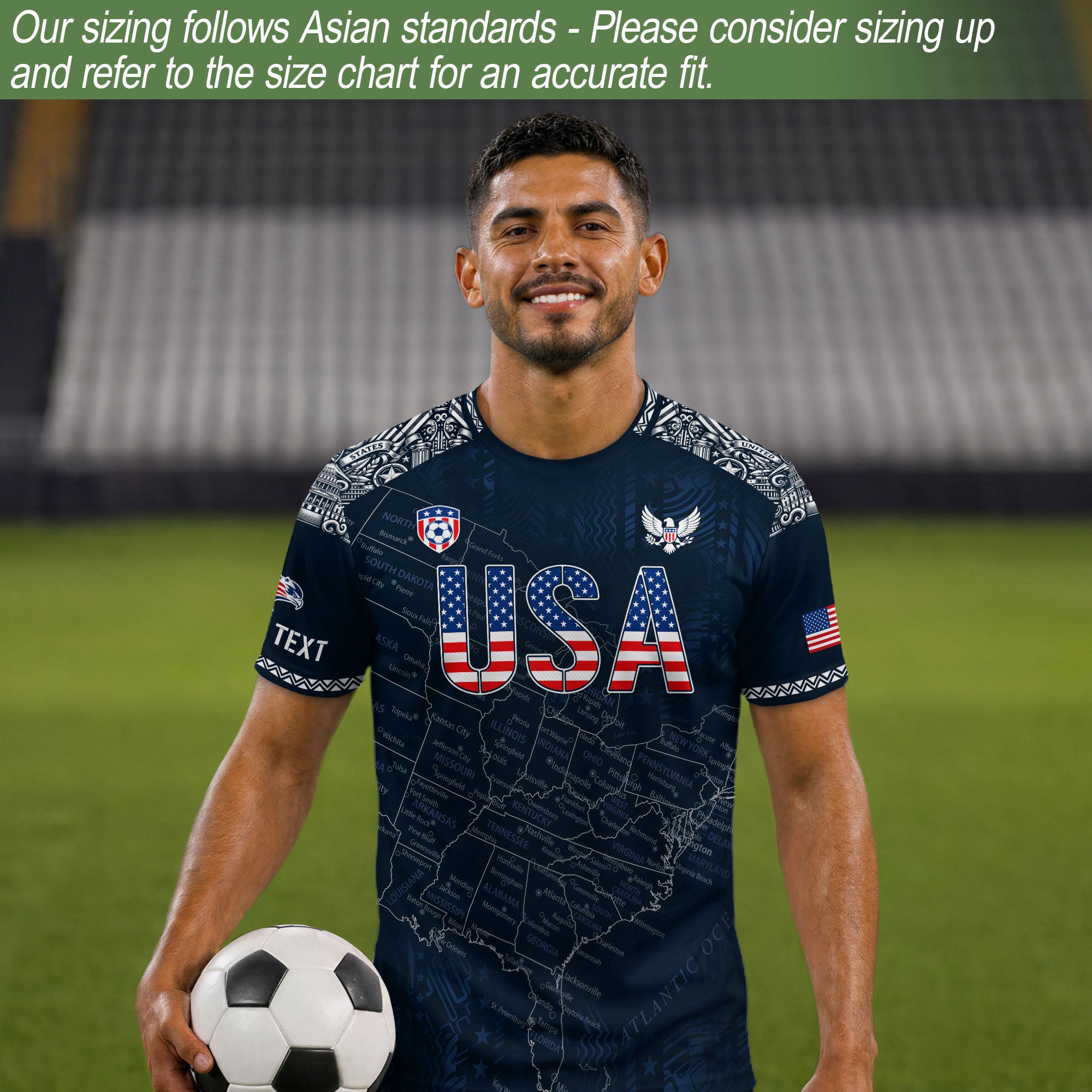 Custom Name Number USA Soccer Jersey Vintage Map Patriotic Navy Blue Football Team Shirt