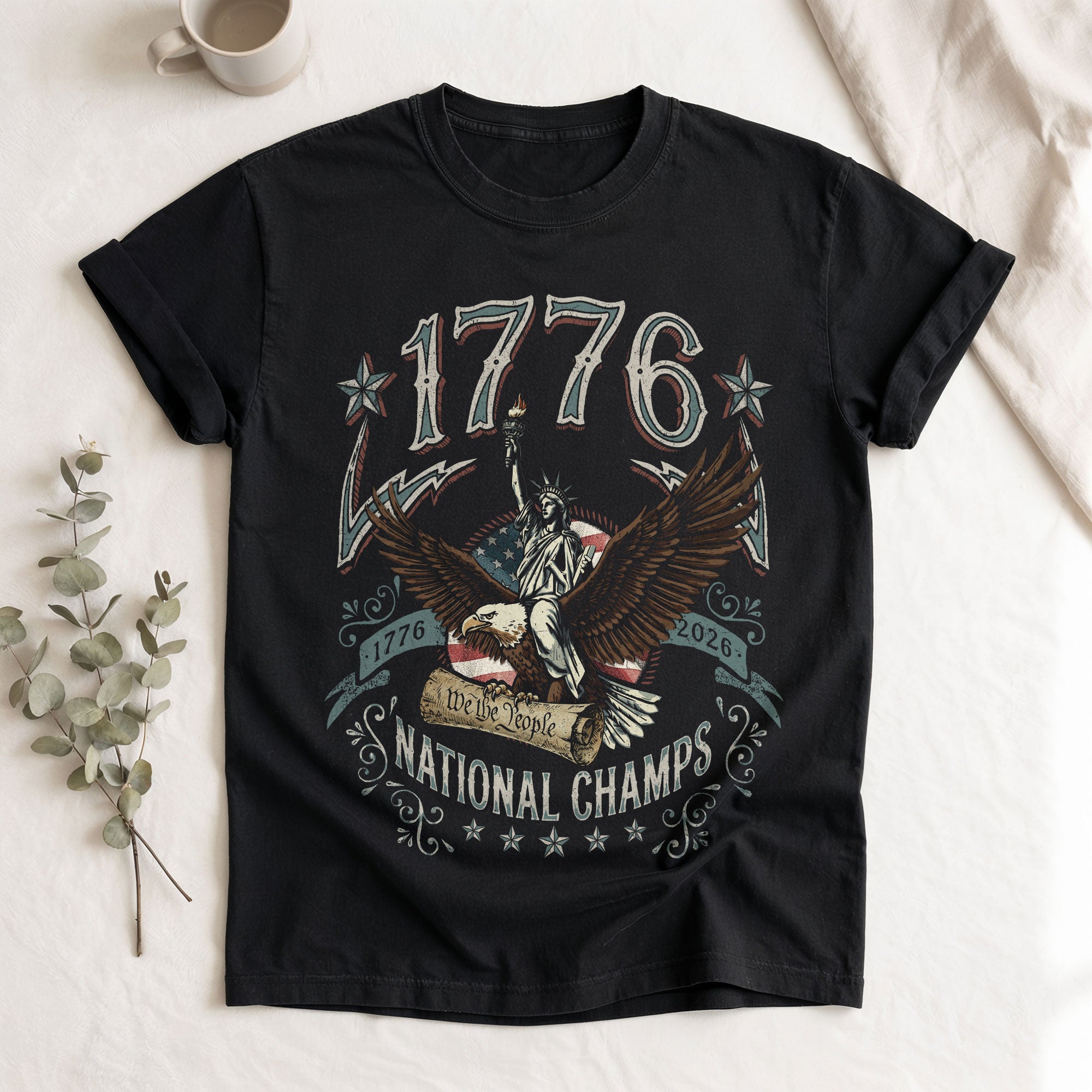 1776 National Champs Shirt Vintage Patriotic Eagle Graphic Tee 4th of July Comfort T-Shirt