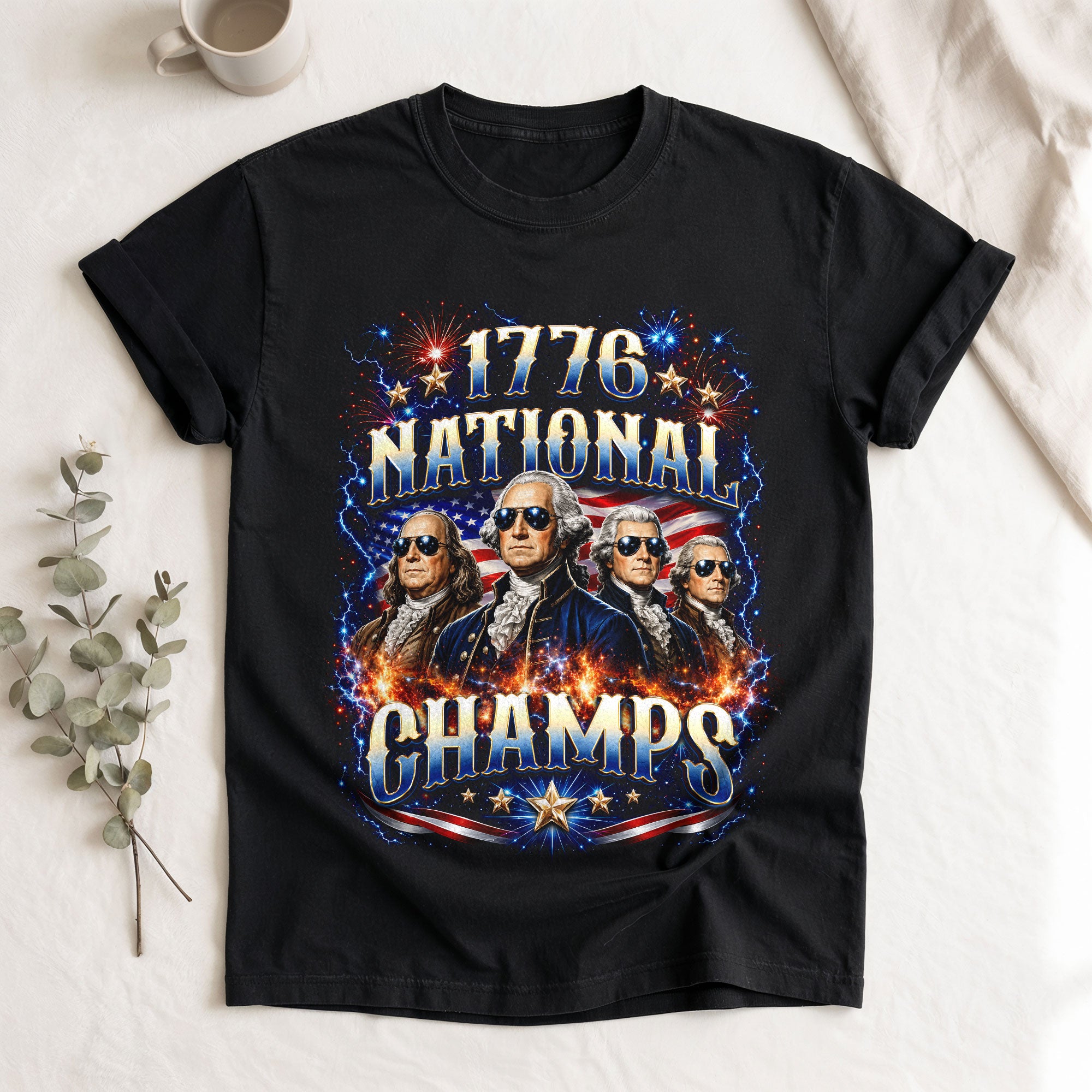 Classic 1776 National Champs Patriotic Graphic T Shirt Vintage Style Cotton Tee Top