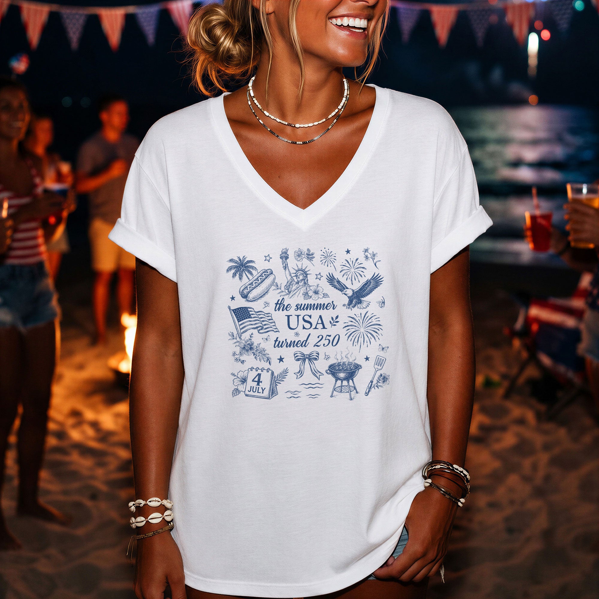 250th Anniversary V-Neck Tee Patriotic Women's The Summer USA Turned 250 Shirt