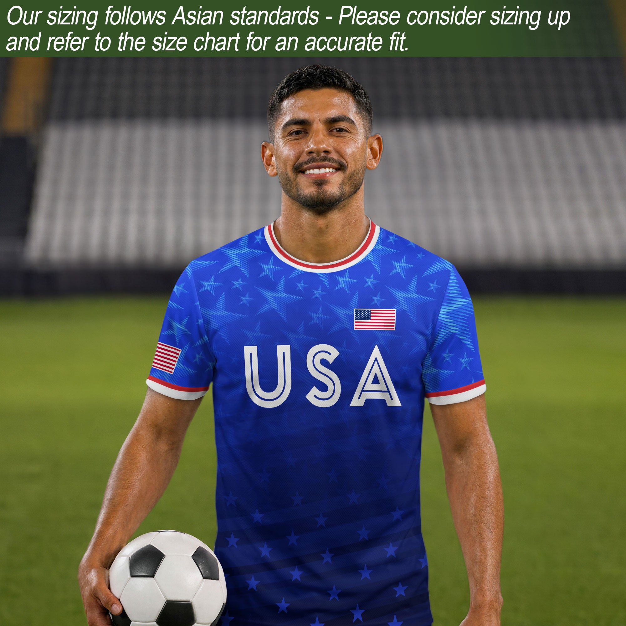 USA Soccer Jersey Adult Blue Patriotic Stars Shirt American Football Team Tee - Rust Field Wear