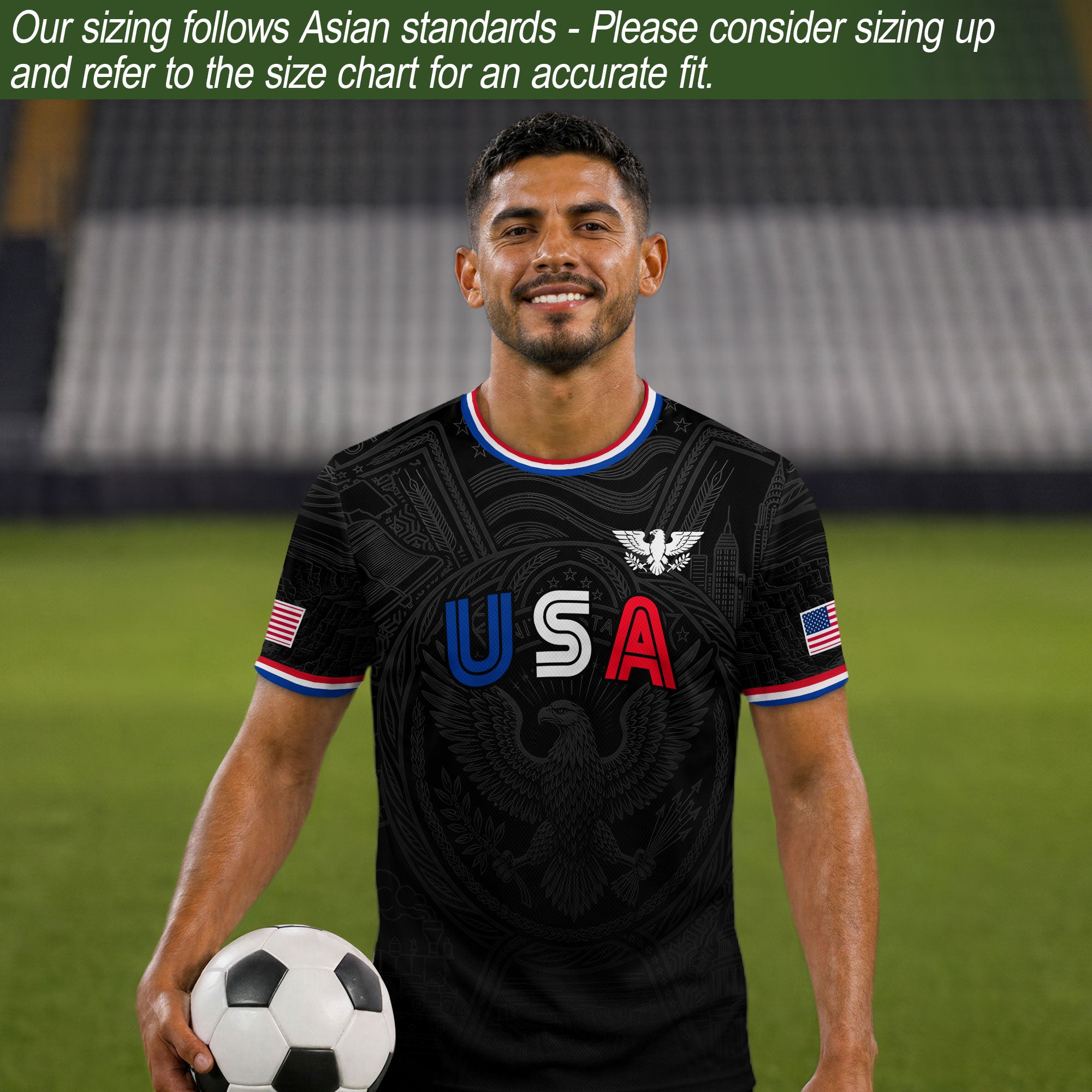 USA Patriotic Soccer Jersey Adult Black Eagle American Flag Independence Day Shirt